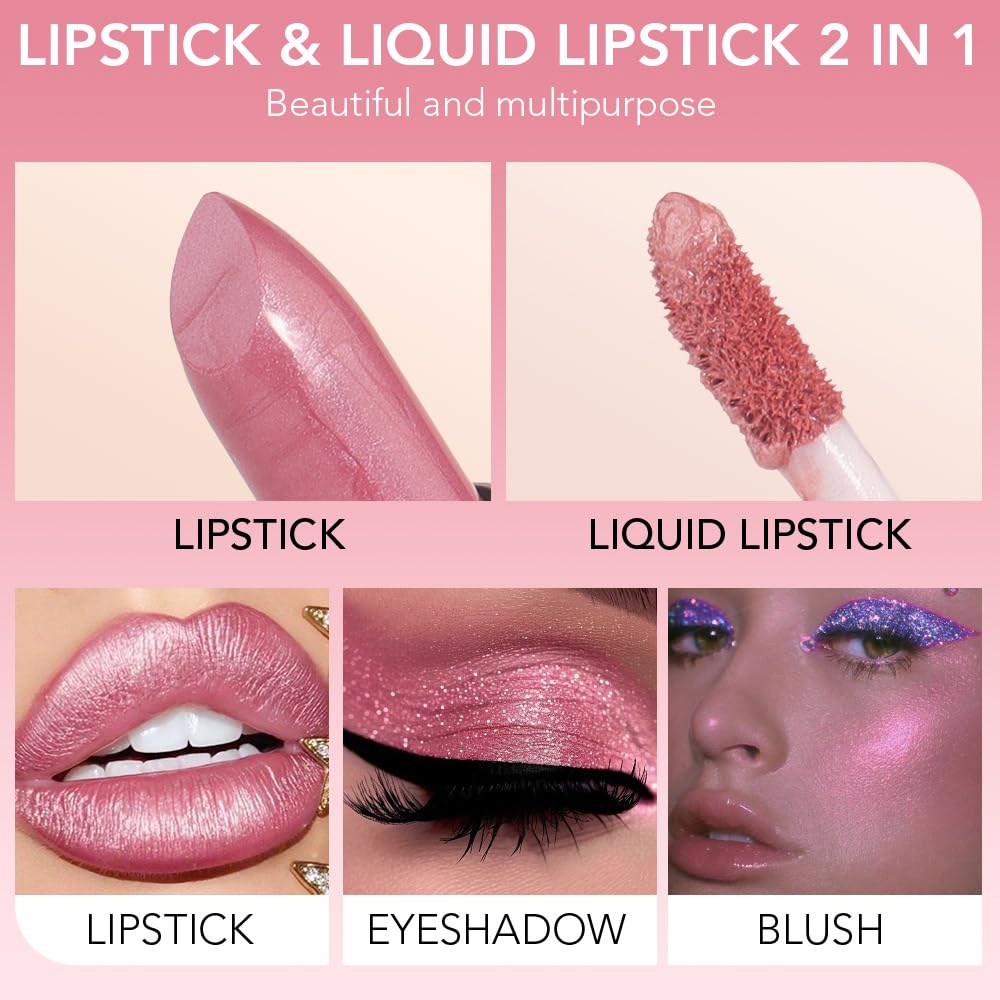 evpct 2 in 1 Light Pink Glitter Metallic Shimmer Diamond Lipstick and Lip Gloss Set for Women Long Lasting Waterproof, Bright Rose Pink Sparkle Glitter Shiny Lipstick and Lip Liner Makeup set, 01#