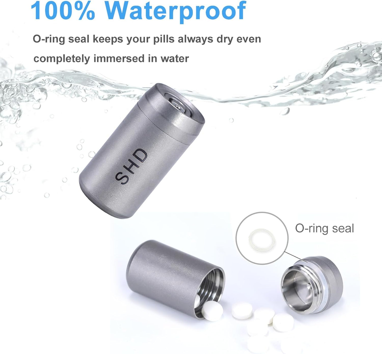 SHD Pill Holder Keychain,Titanium Waterproof Mini Pill Case Container,Portable Small Pill Box for Outdoor Travel Camping