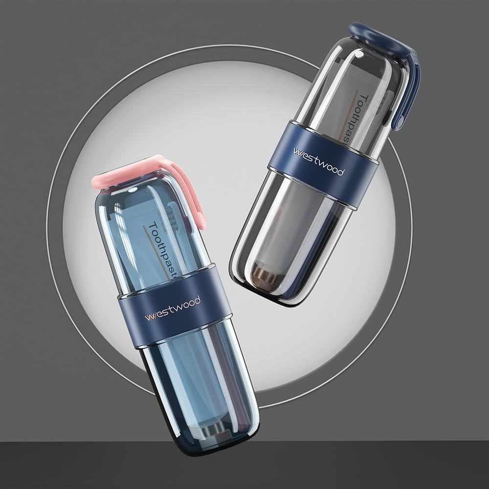 Luxury Transparent Blue Plastic Travel Toothbrush Holder Case with Cover, Portable Travel Toothbrush Cup, Storage Container for School Camping Business Trip Bathroom