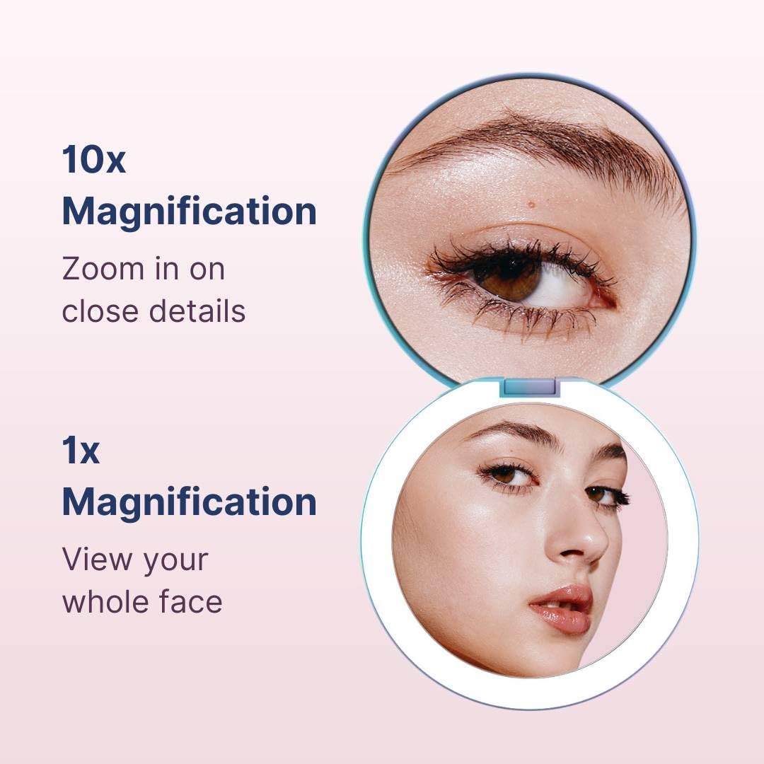 Fancii Taylor Travel Makeup Mirror with LED Light, Rechargeable, 10x /1x Magnifying & 3 Light Settings - Compact, Large 5” Wide Mirror for Handbag and Purses (Lavender Lagoon)