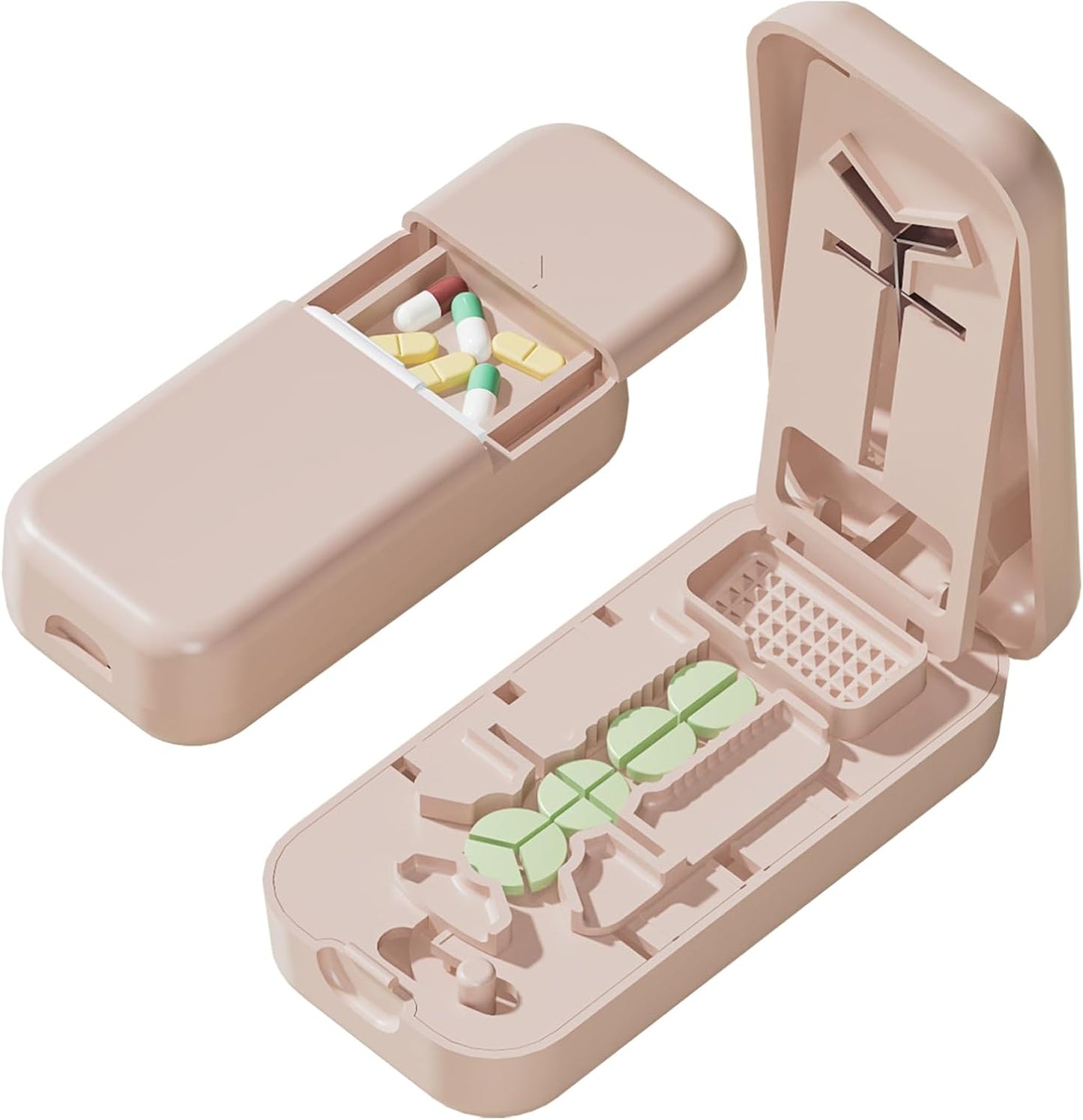 Precision Pill Cutter with Centering Guide - Multi-Angle Tablet Splitter for 1/2, 1/3 & 1/4 Cuts, Includes Pill Crusher & Storage Compartment (Pink)