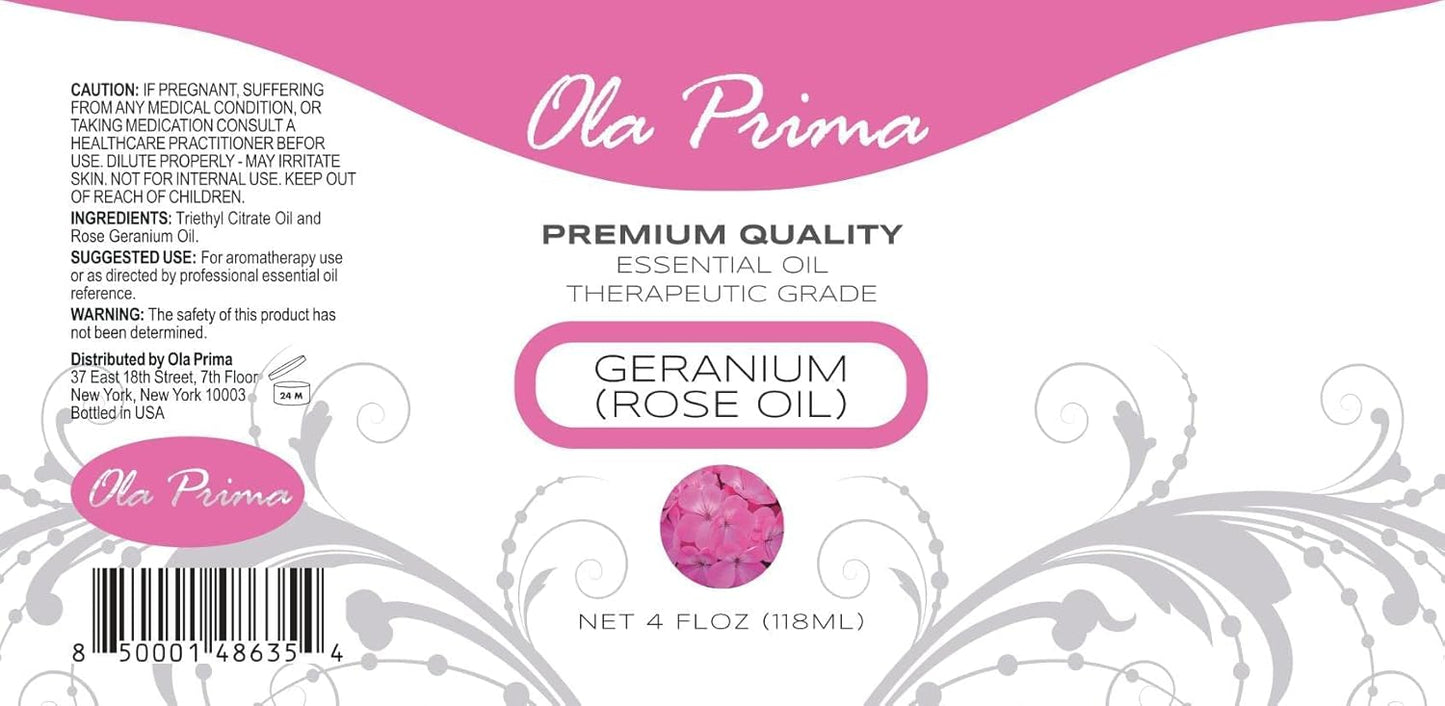 Ola Prima Rose Geranium Essential Oil - Premium Grade for Aromatherapy, Diffuser, Candle & Soap Making, Dropper - 4 fl oz - Rose Geranium - Rose Oil for Candle Making