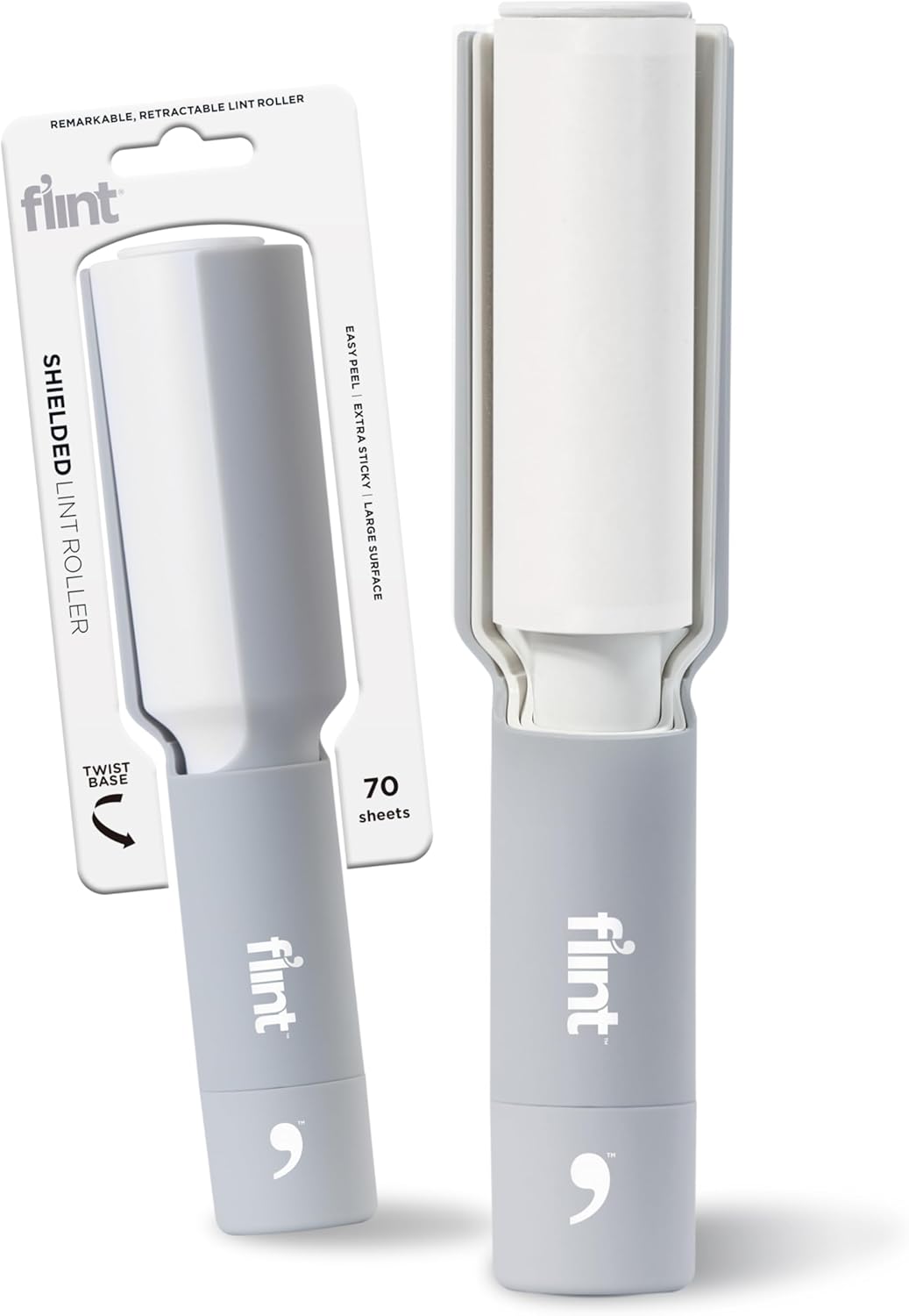 Flint Plus Retractable Lint Remover & Pet Hair Roller for Clothes – Refillable & Reusable Lint Roller with 70 Extra Sticky Tear-Off Sheets – Value Pack, Light Grey