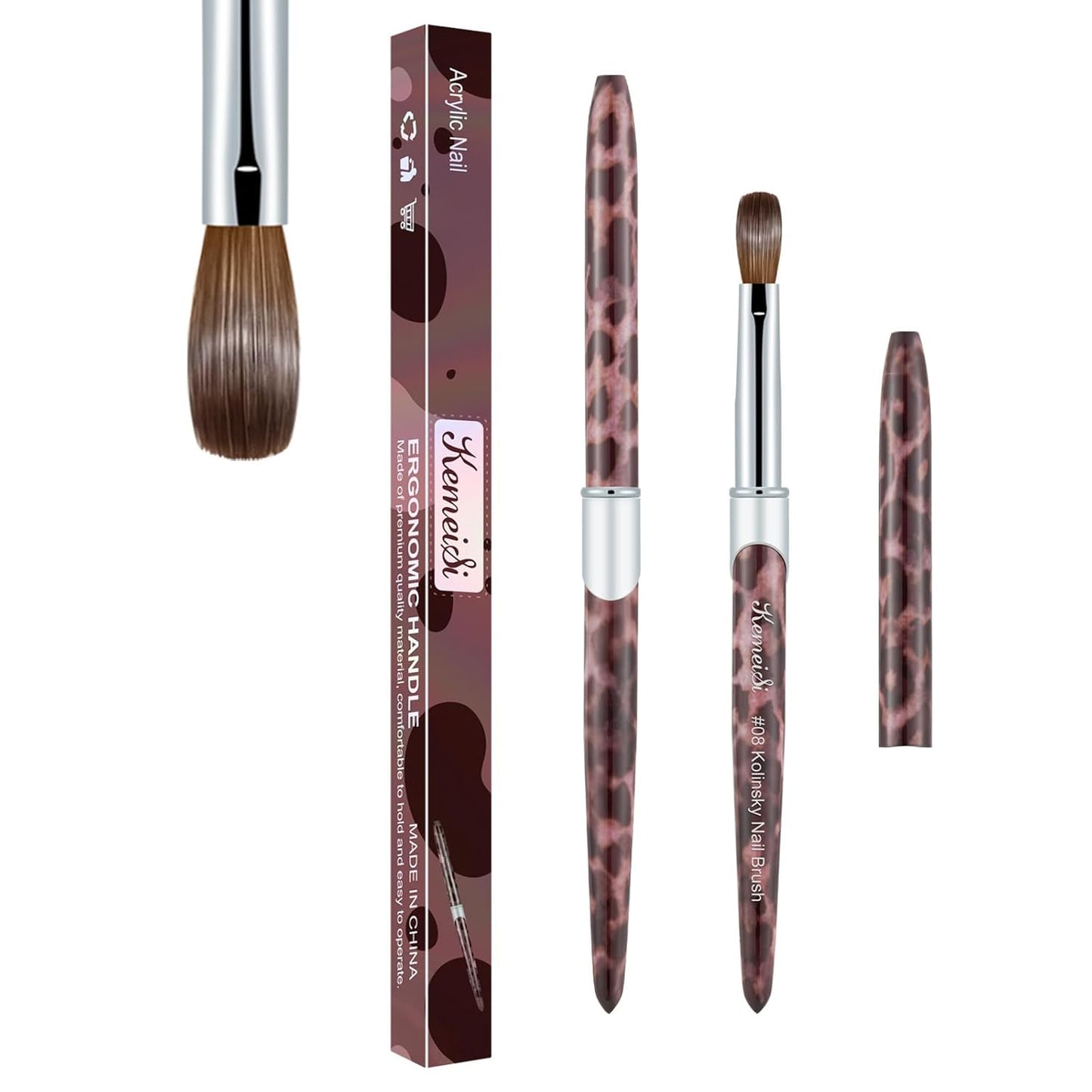 Acrylic Nail Brush Size #08, 100% Pure Kolinsky Nail Art Brushes for Acrylic Application, Sturdy Handle Oval Shaped Acrylic Nail Design Tools for Professional Manicure DIY(Leopard Print)