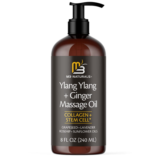 Ylang Ylang + Ginger Lymphatic Drainage Massage Oil – with Collagen & Stem Cells for Circulation, Detox & Cellulite Removal – Body Oil for Muscle Relief, Skin Firming & Relaxation – 8oz by M3 Naturals