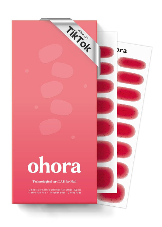 ohora Semi Cured Gel Nail Strips (N Jelly Berry) - Works with Any Lamps, Salon-Quality, Long Lasting, Easy to Apply & Remove - Includes 2 Prep Pads, Nail File & Wooden Stick