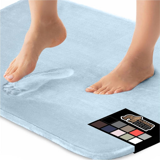 GORILLA GRIP Memory Foam Bath Rugs, Soft Absorbent Velvet Bathroom Mats, Durable Dots on Underside, Machine Washable Bathmat, Carpet Rug Room Decor for Shower Floor, 24x17 Mat, Light Blue