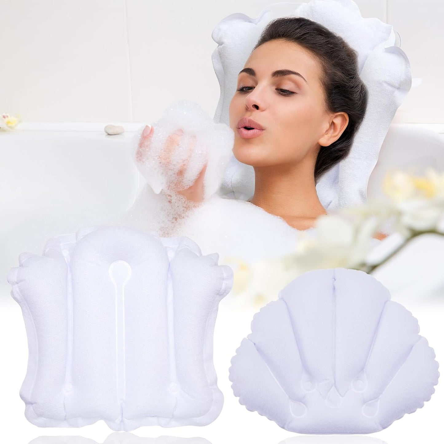 Jetec 2 Pcs Inflatable Bath Pillow with Suction Cup Bathtub Spa Pillow Neck Support Supplies Shell-Shaped Soft Inflatable Cushion Large Small Size Fits All Tub Pool Bath and Bathroom