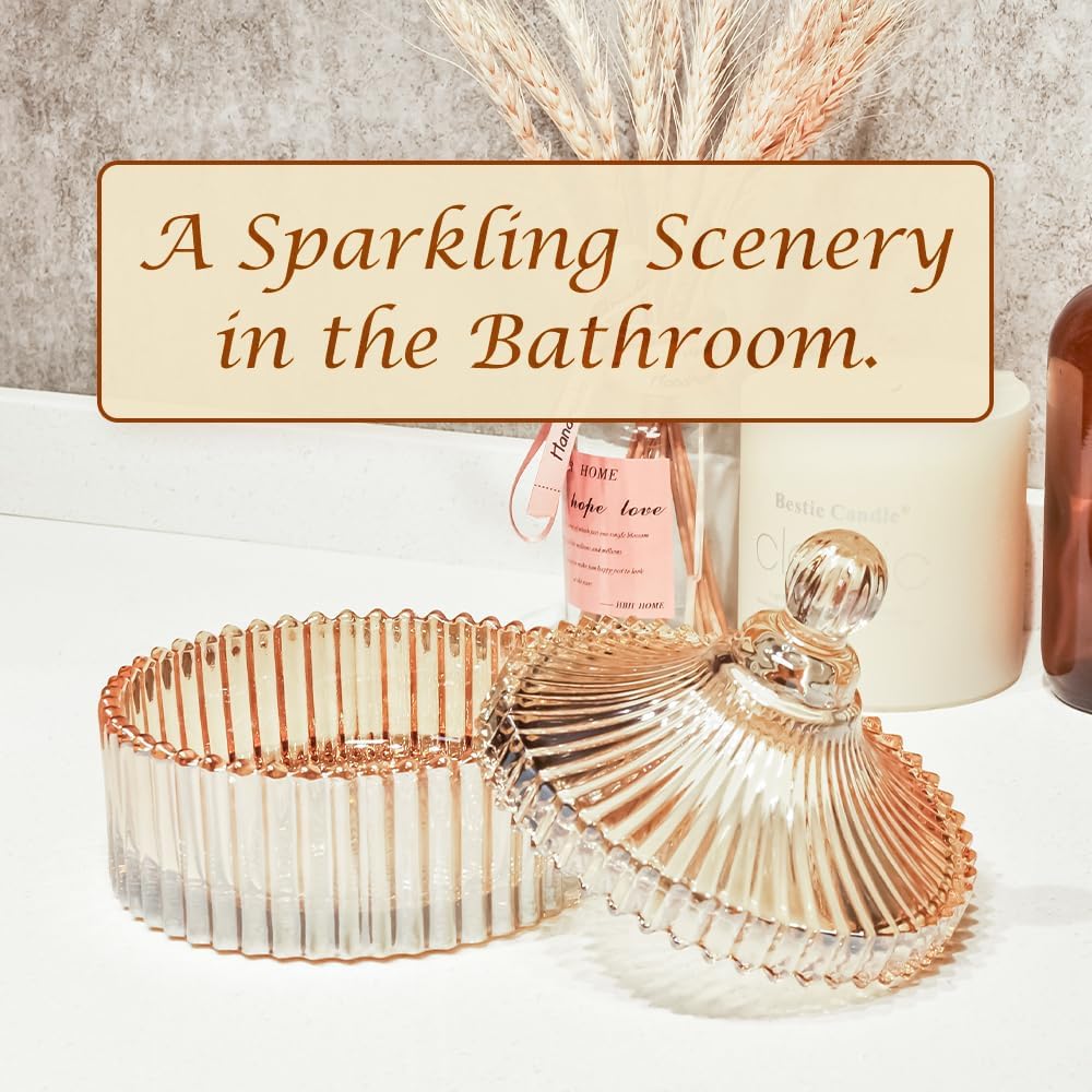 R FLORY 2 Pack Qtip Holder Apothecary Jars with Lids Glass Q Tip Holder for Bathroom Set Decorative Jars Crystal Bowl Jar Organizer for Cotton Swabs, Balls, Pads, Floss Picks (Amber,10+24oz)