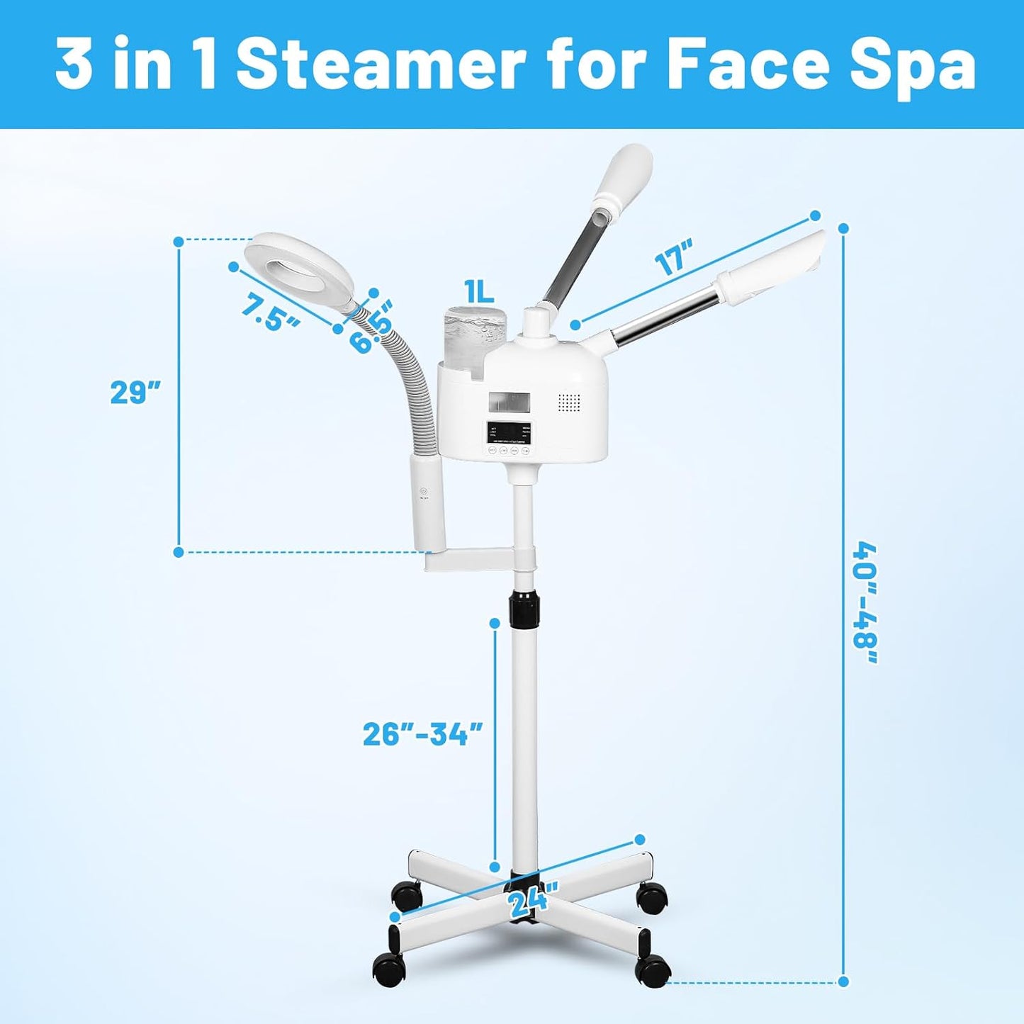 Pro Rolling Facial Steamers for Face Professional 3 in 1 Facial Steamer Humidifier with 5X Mag Lamp,Face Steamer Standing Warm Cold Mist Digital LCD Screen for Home Salon Spa