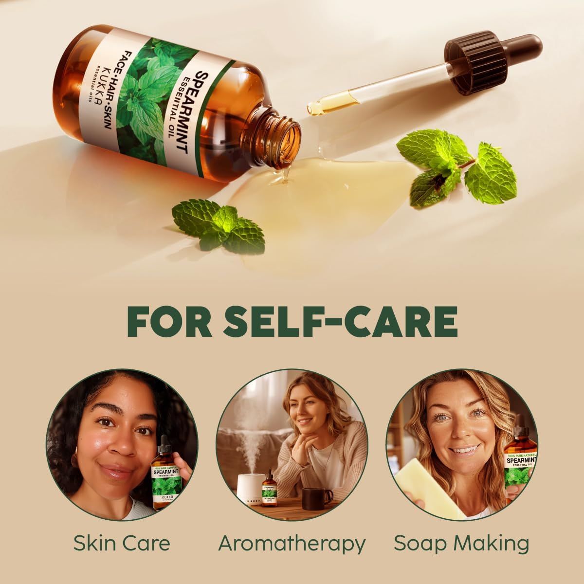 Kukka Spearmint Oil for Facial Hair - 4 Fl Oz - Aromatherapy Spearmint Essential Oil for Skin & Hair Care, Diffuser, Bath Bombs, Soaps and Candles, DIY Soap Making Scents