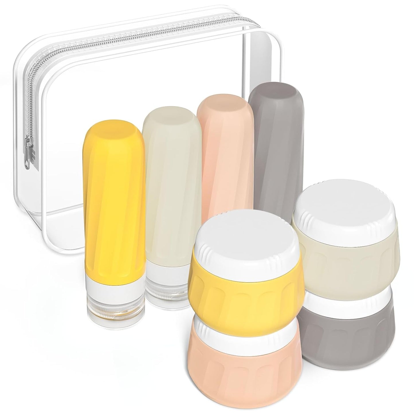 Travel Bottles for Toiletries 8 Pack, Travel Size Toiletries, Tsa Approved Travel Size Containers 3oz, with Travel Essentials Clear Bag, Leak Proof Silicone Squeezable Creams Jars