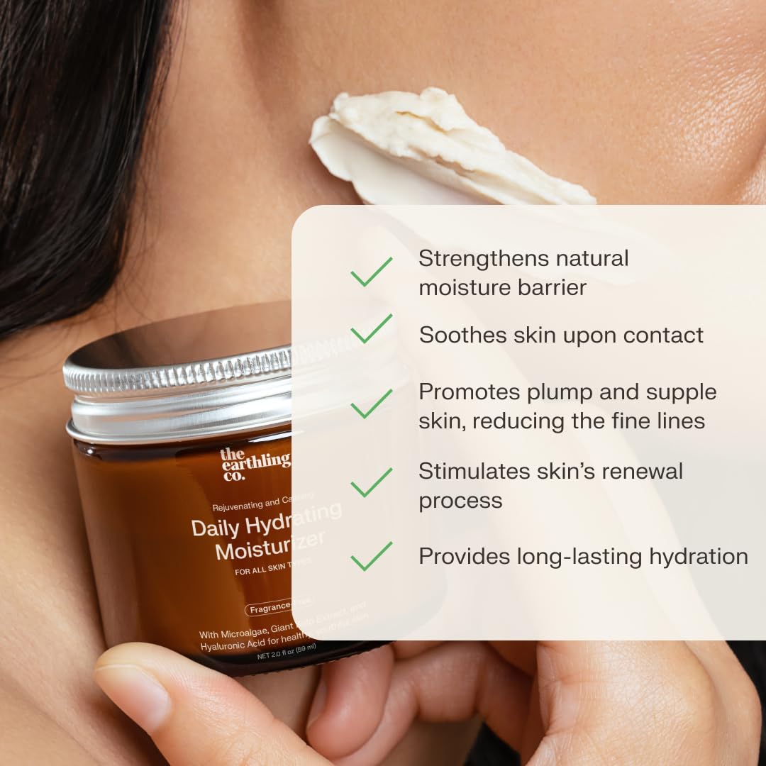 The Earthling Co. Daily Hydrating Moisturizer - Natural, Moisturizing Face Cream for AM & PM - Non-comedogenic and Fragrance-free with Hyaluronic Acid for Sensitive, Dry, and Oily Skin (2.0 fl oz)