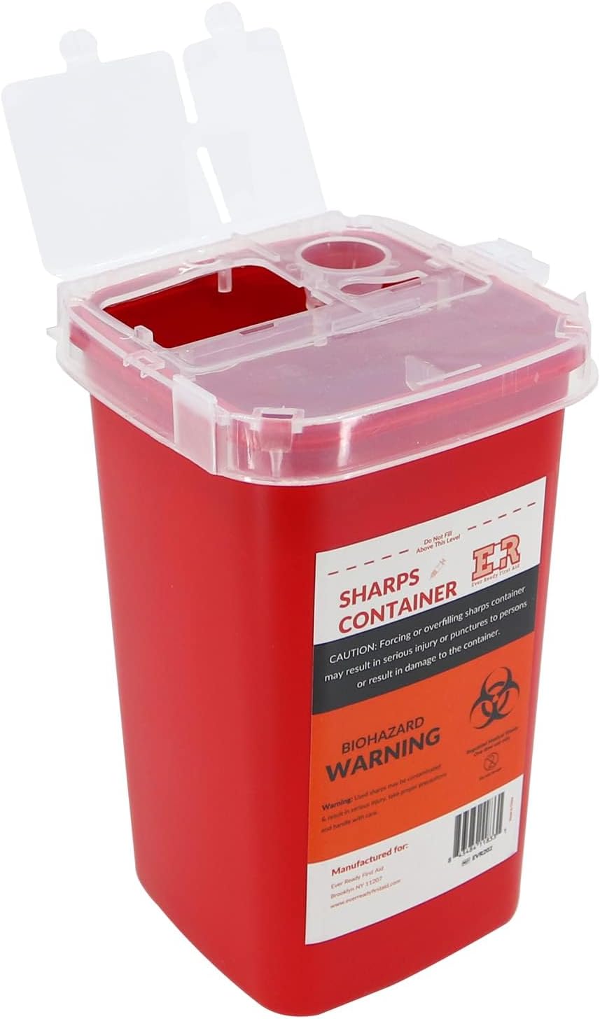 Ever Ready First Aid Sharps Container with Split Lid Design and Locking Mechanism for Sharp Waste Disposal, 1 Quart