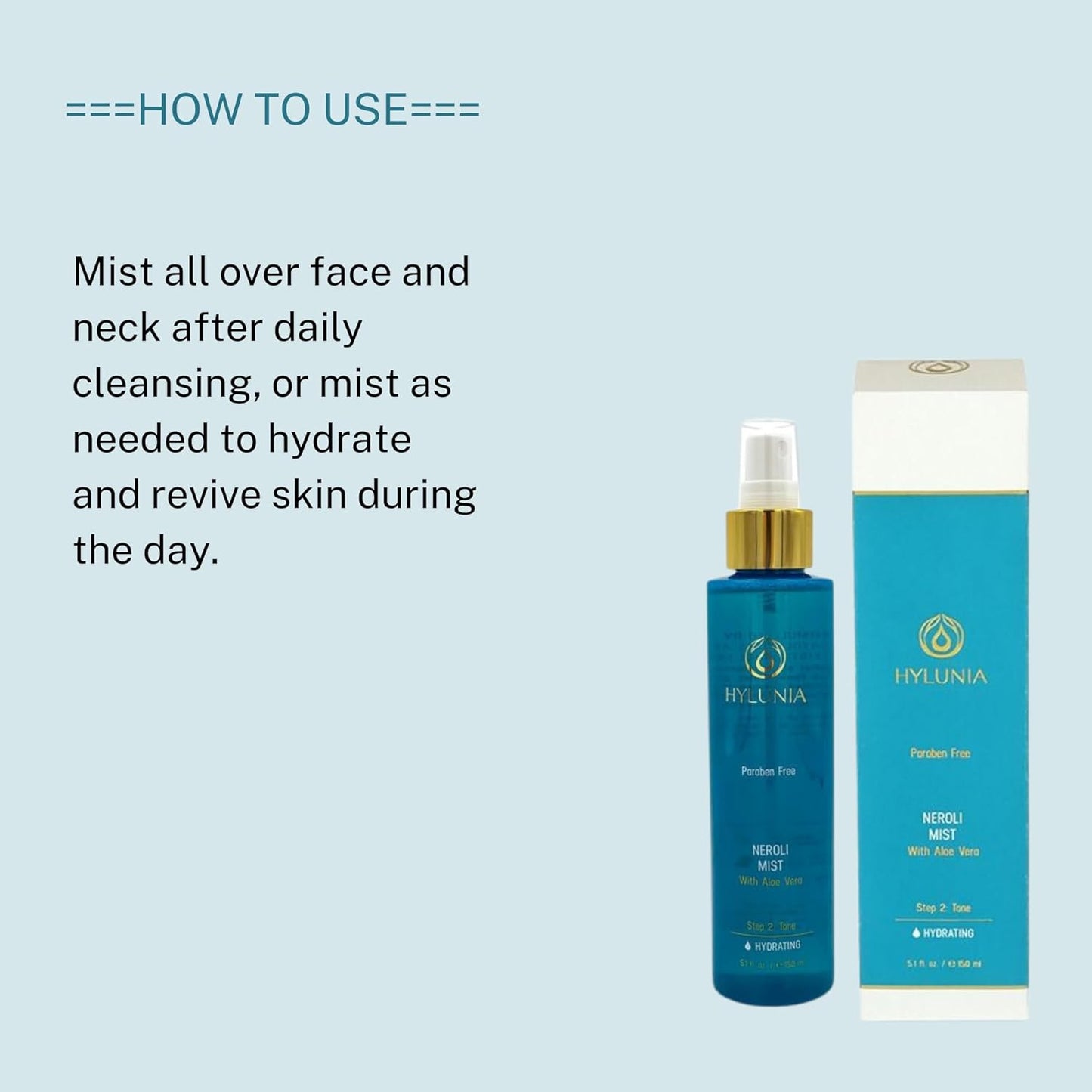 Hylunia Neroli Mist - instant moisturizing spray - Colloidal Silver and Aloe Vera - for younger fresher looking skin - all natural toner