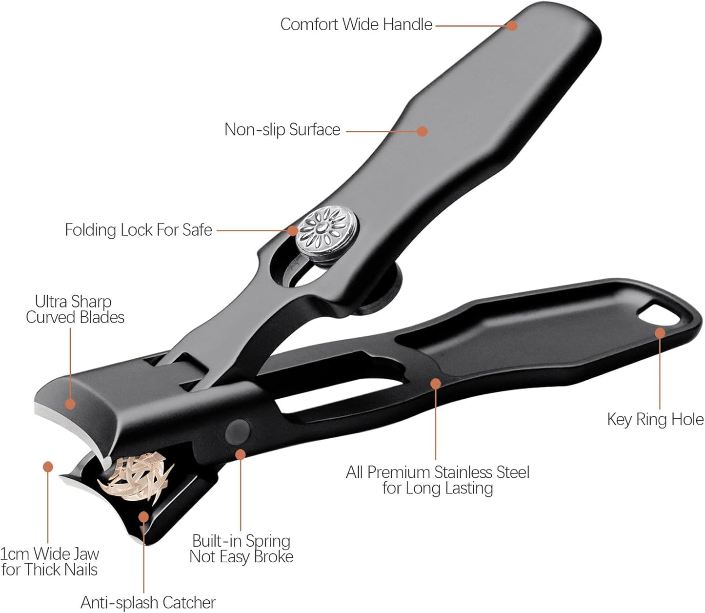 Nail Clippers for Men & Seniors Thick Toenails and Fingernail - Wide Jaw Opening Portable Ultra Sharp Finger Nail Clippers with Catcher, Heavy Duty Stainless Steel, Black Set