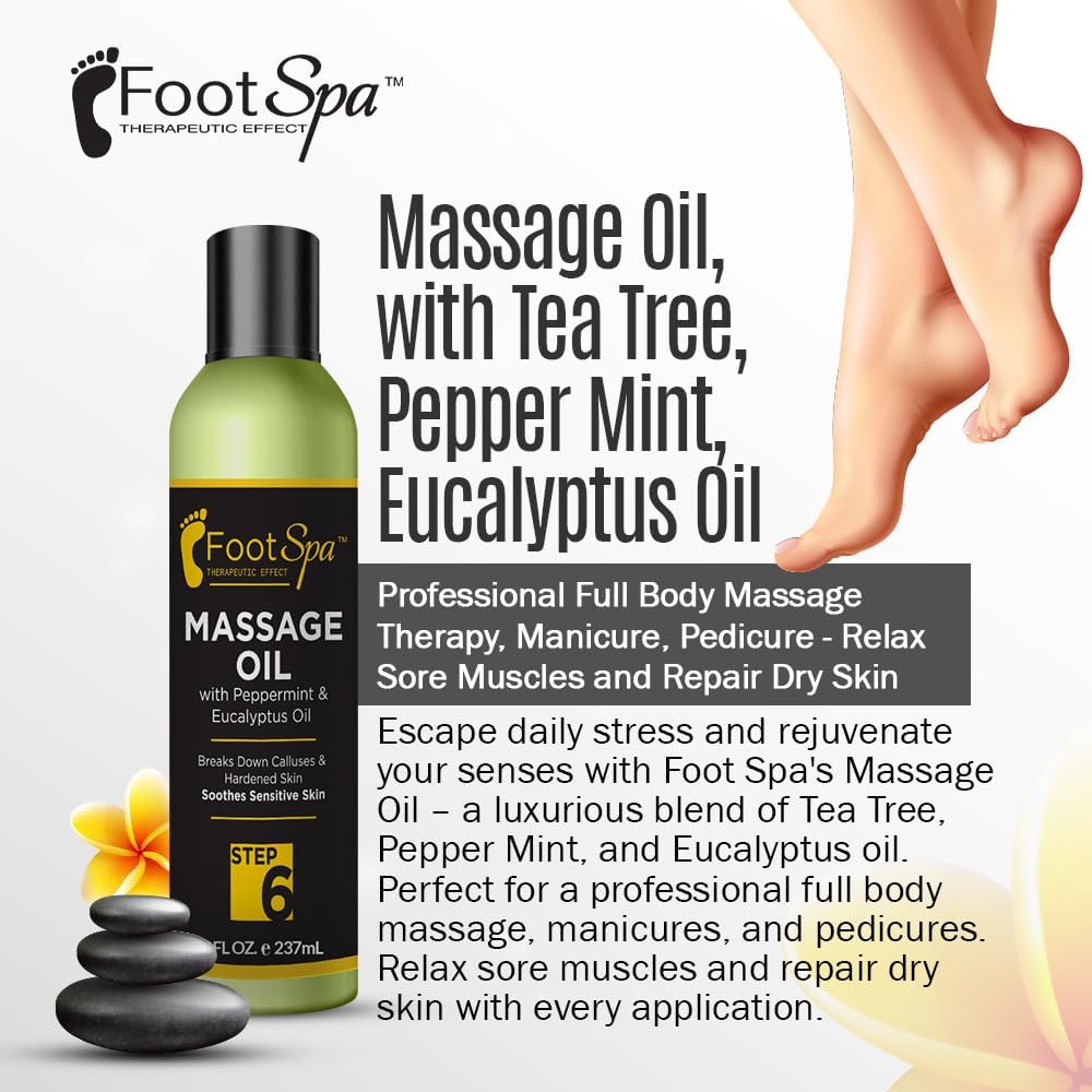 Foot SPA - Massage Oil, with Tea Tree, Pepper Mint, Eucalyptus Oil, 8 Oz - Professional Full Body Massage Therapy, Manicure, Pedicure - Relax Sore Muscles and Repair Dry Skin