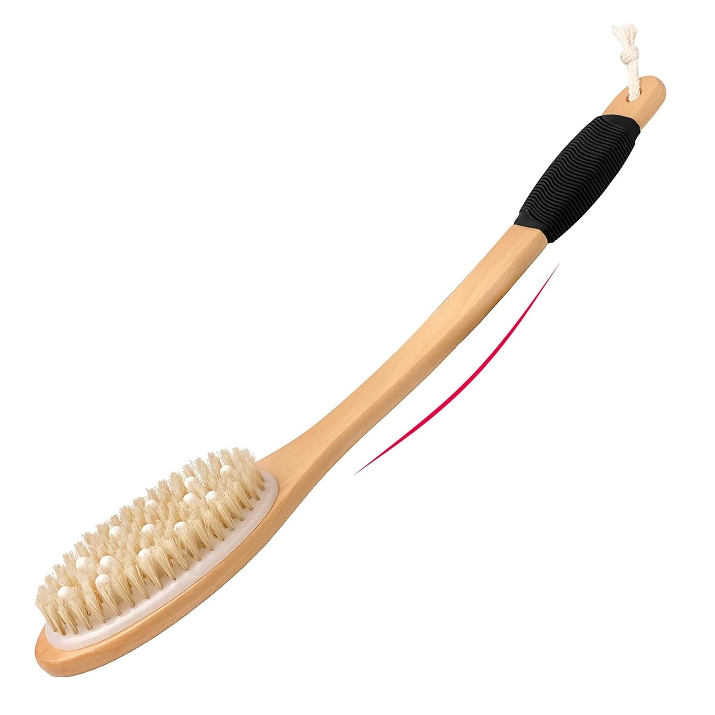 OWIIZI Bath Brush with Cellulite Massagers, Wooden Curved Long Handle Antiskid Dry Brushing Body Brush for Exfoliating, Natural Bristle Back Scrubber for Shower Use Wet or Dry for Men Women Elders