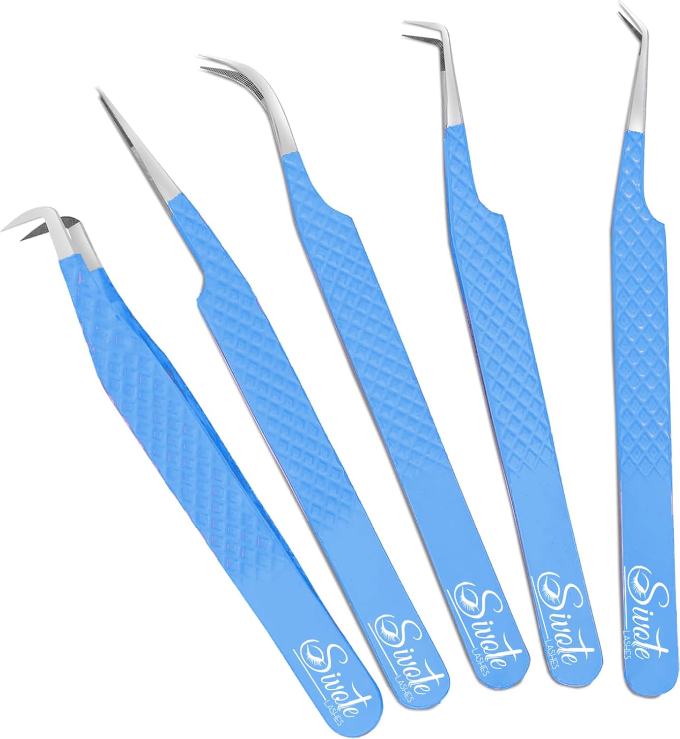 SIVOTE Lash Tweezers for Eyelash Extensions, Pack of 5 Blue – Lash Extension Tweezers Set with Diamond Grip, Precision Fiber Tip for Volume Tweezers Eyelash Extensions