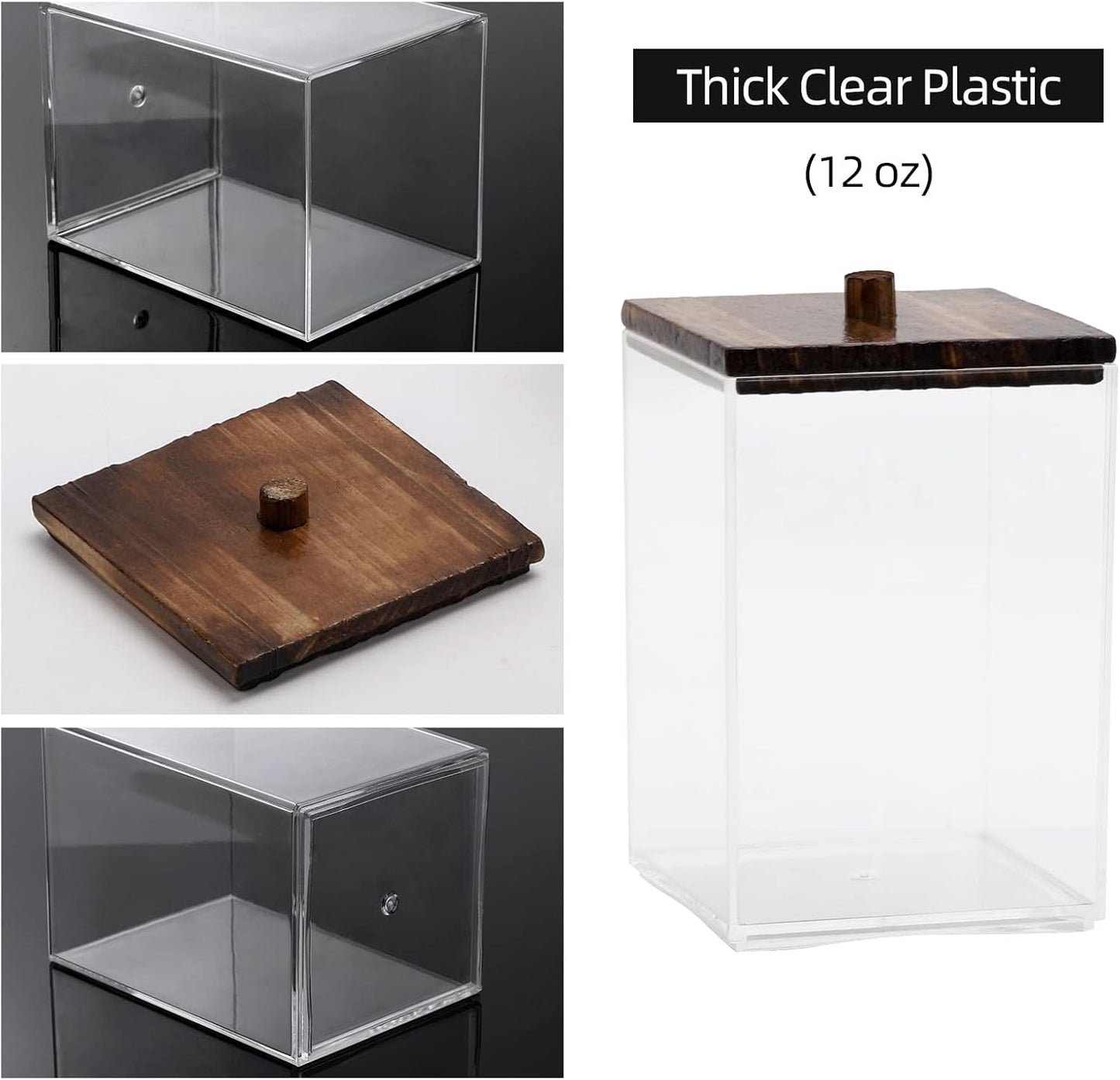 Tbestmax 3 Pack Qtip Holder - 12 oz Bathroom Organizer and Storage Containers, Plastic Square Apothecary Jars with Black Bamboo Lids for Cotton Ball, Cotton Swab, Floss