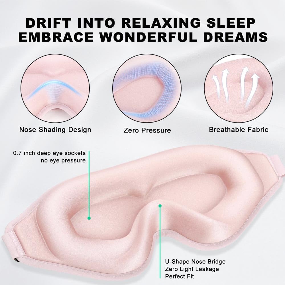 3D Contoured Sleep Eye mask Side Sleeper Men Women Zero Eye Pressure high Density Memory Foam Soft Breathable Light Blocking Night Blindfold Travel Yoga Napping Pink
