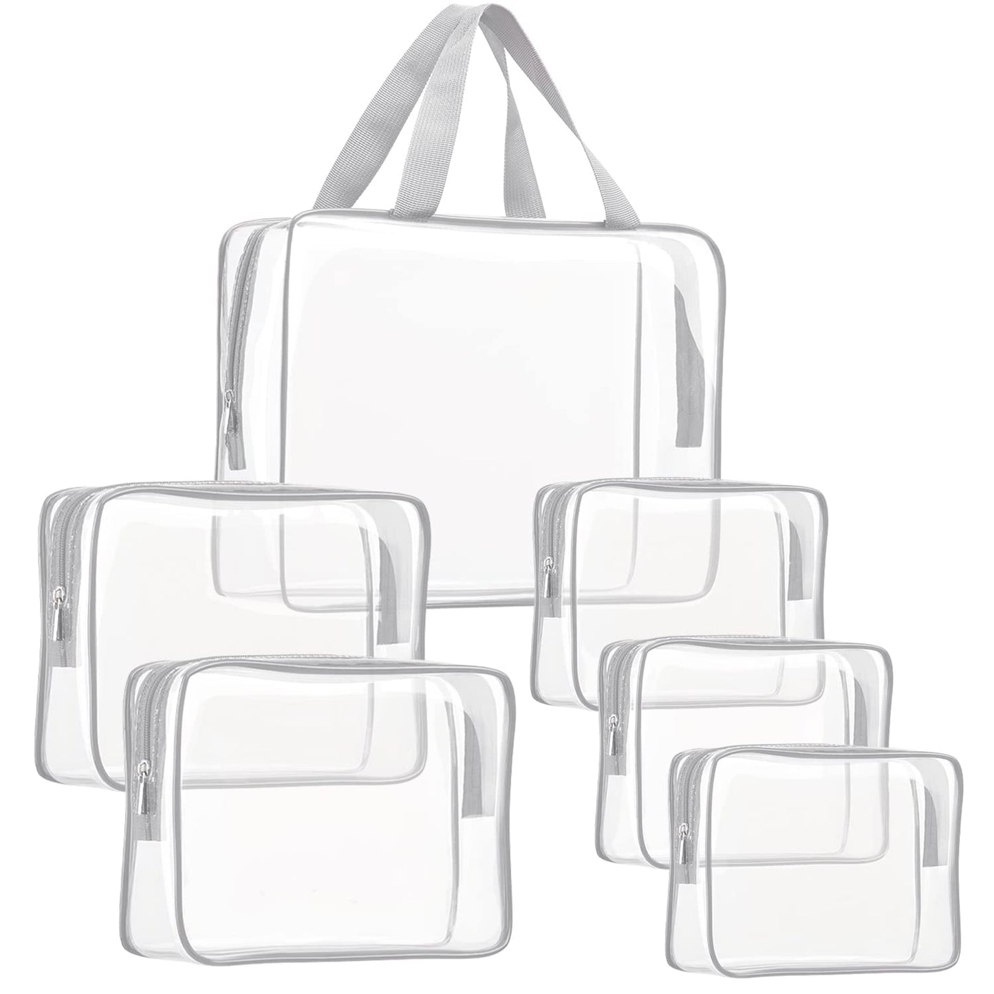 6Pcs Crystal Clear PVC Travel Toiletry Bag Kit for Women Men, Waterproof Vinyl Packing Organizer Storage Bags with Zipper Handle Straps, Cosmetic Pouch Carry on Airport Airline Compliant Bag Handbag