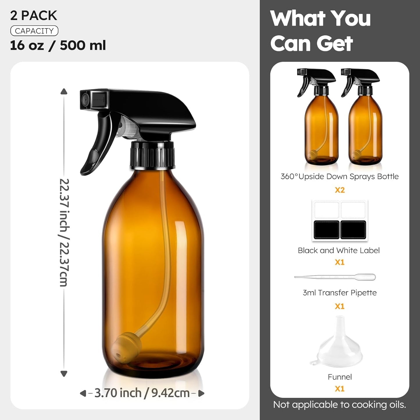 Tecohouse 2 Pack Amber 360° Glass Spray Bottles Clear, 16 oz Empty Refillable Containers with Adjustable Spray Nozzles, Spray Bottles for Cleaning Solutions and Plants