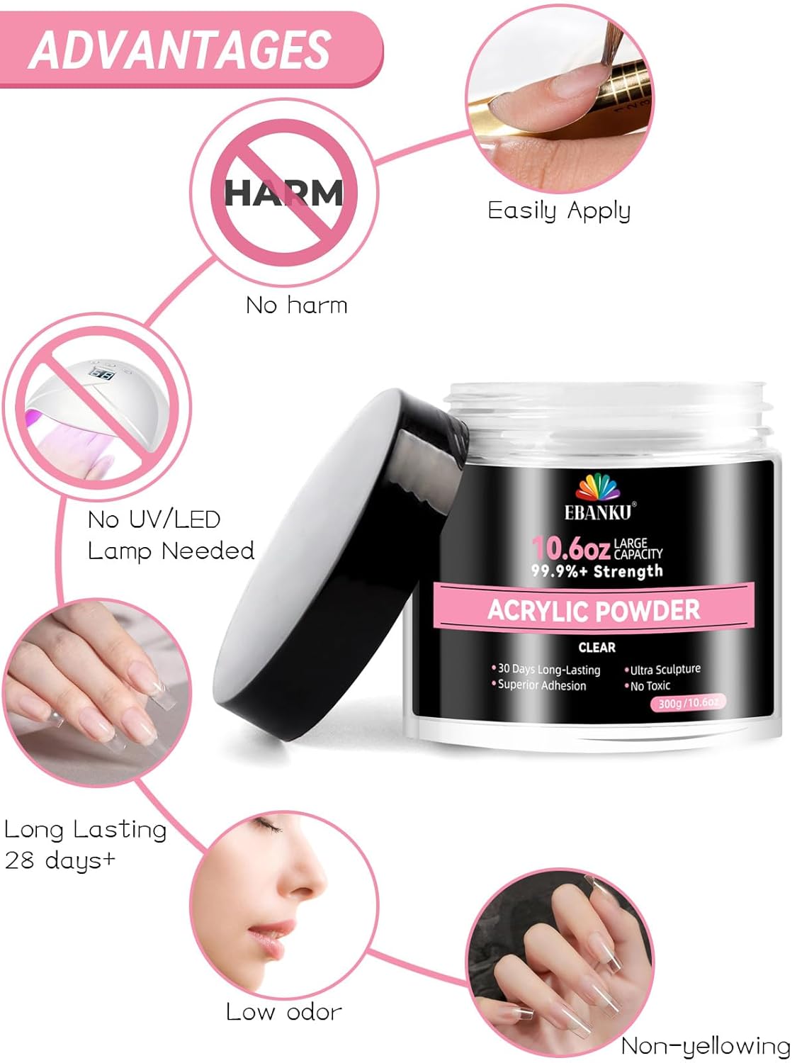 EBANKU 10.6oz Clear Acrylic Powder, Crystal Transparent Acrylic Nail Powder for Nail Extenstion, Nail Carving, Long-Lasting, No Lamp Needed, Professional Nail Powder for French Manicure