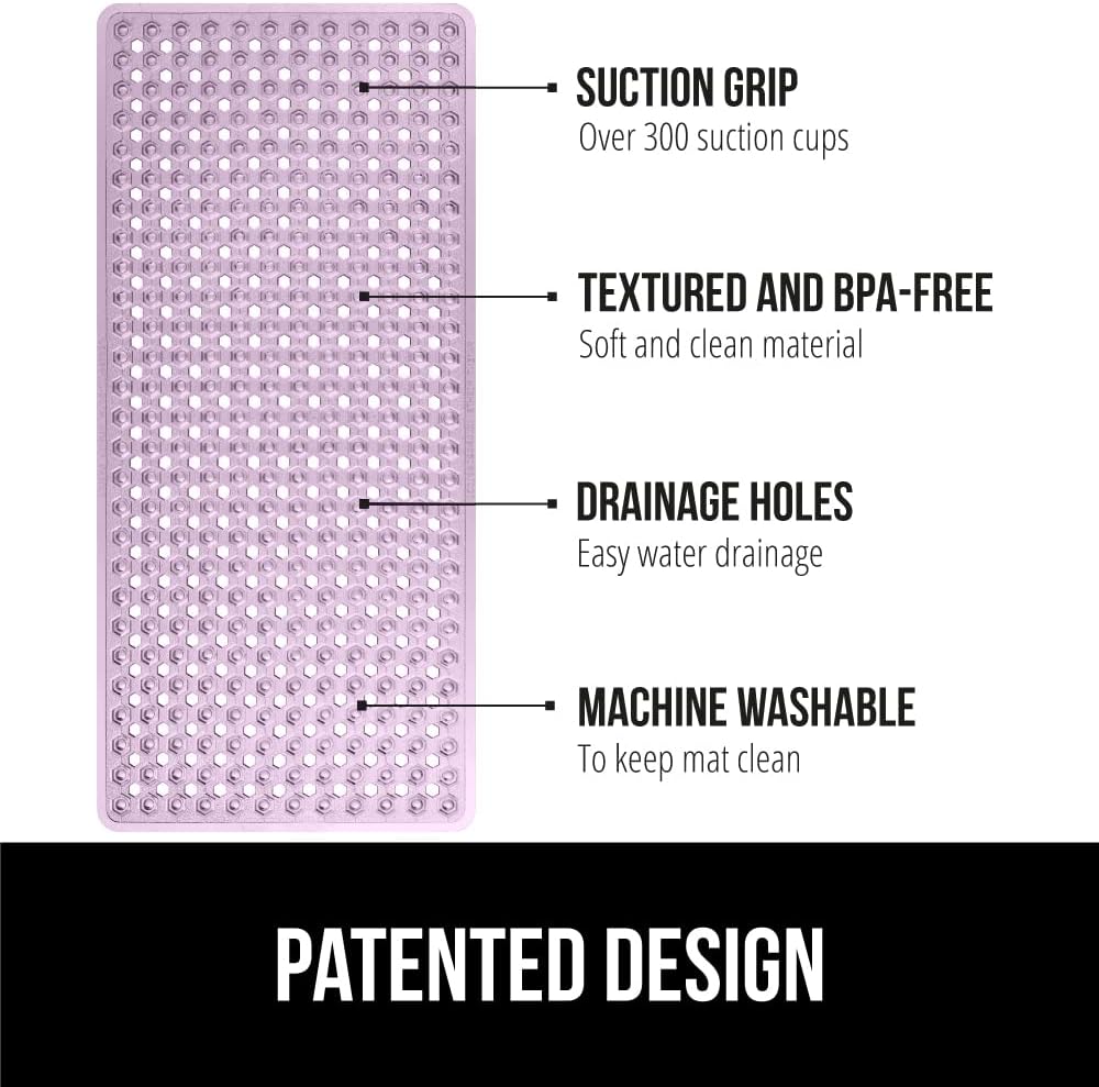 GORILLA GRIP Patented Bath Tub Shower Mat, Machine Washable Bathtub Floor Liner Mats, Suction Cups and Drain Holes to Keep Tubs Clean, Soft on Feet, Bathroom Essentials, 35x16 Inch, Clear Purple