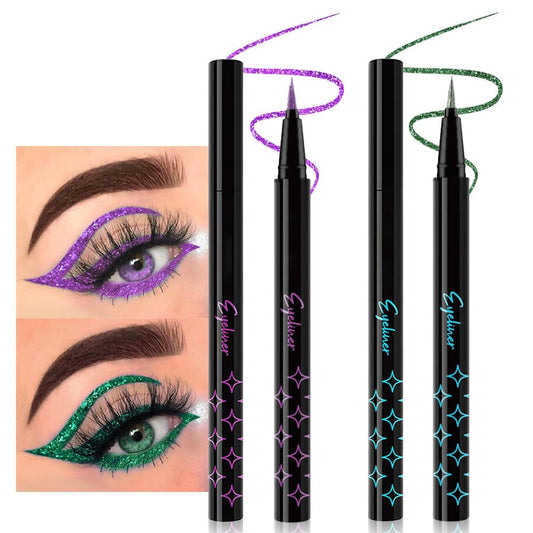 evpct 2Pcs Metallic Purple & Green Glitter Glittering Diamond Liquid Eyeliner Eye Makeup Pencil Set, Sparkle Shimmer Colored Eyeliner Pen Waterproof Smudge Proof Long Lasting High Pigmented