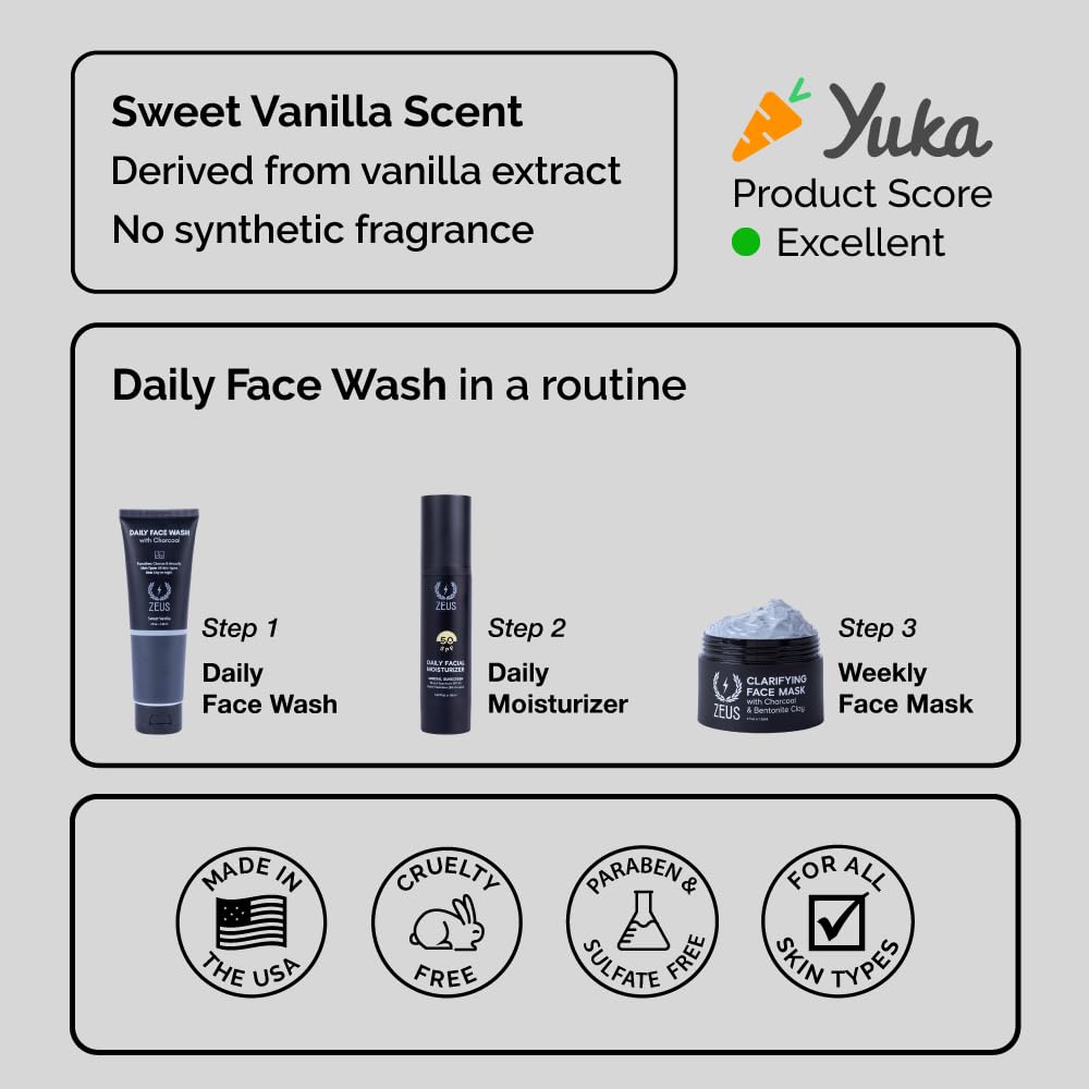 ZEUS Charcoal Face Wash for Men | Daily Facial Cleanser for Oily Skin, Blackhead Removal, & Deep Pore Cleansing | Detoxifying & Exfoliating | Made in USA