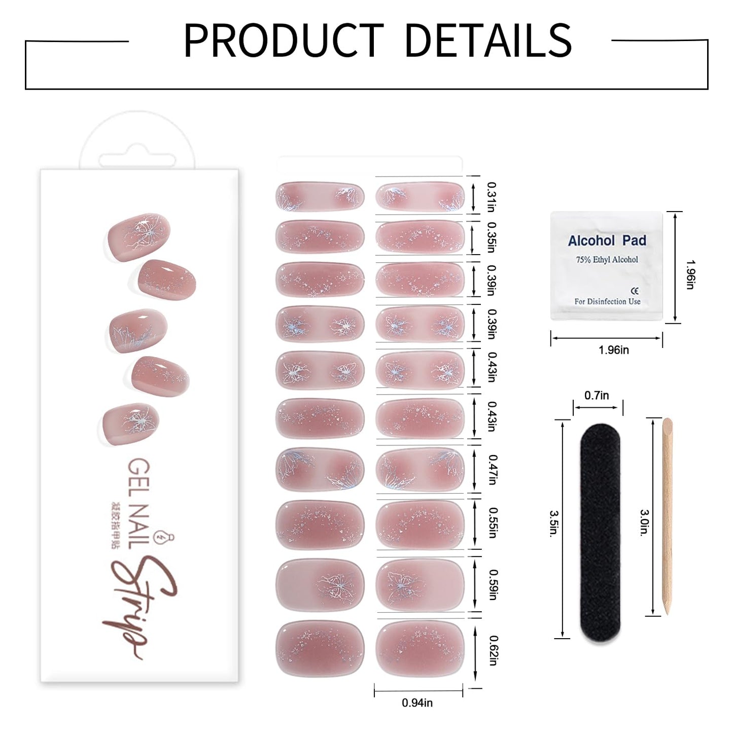 WOKOTO 1 Sheet Semi Cured Gel Nail Strips With Wood Stick, Nail File & Prepared Pads, 20 Tips Light Pink With Glitter Semi Cured Nail Polish Strips, Harden With UV Light Gel Nail Stickers For Women