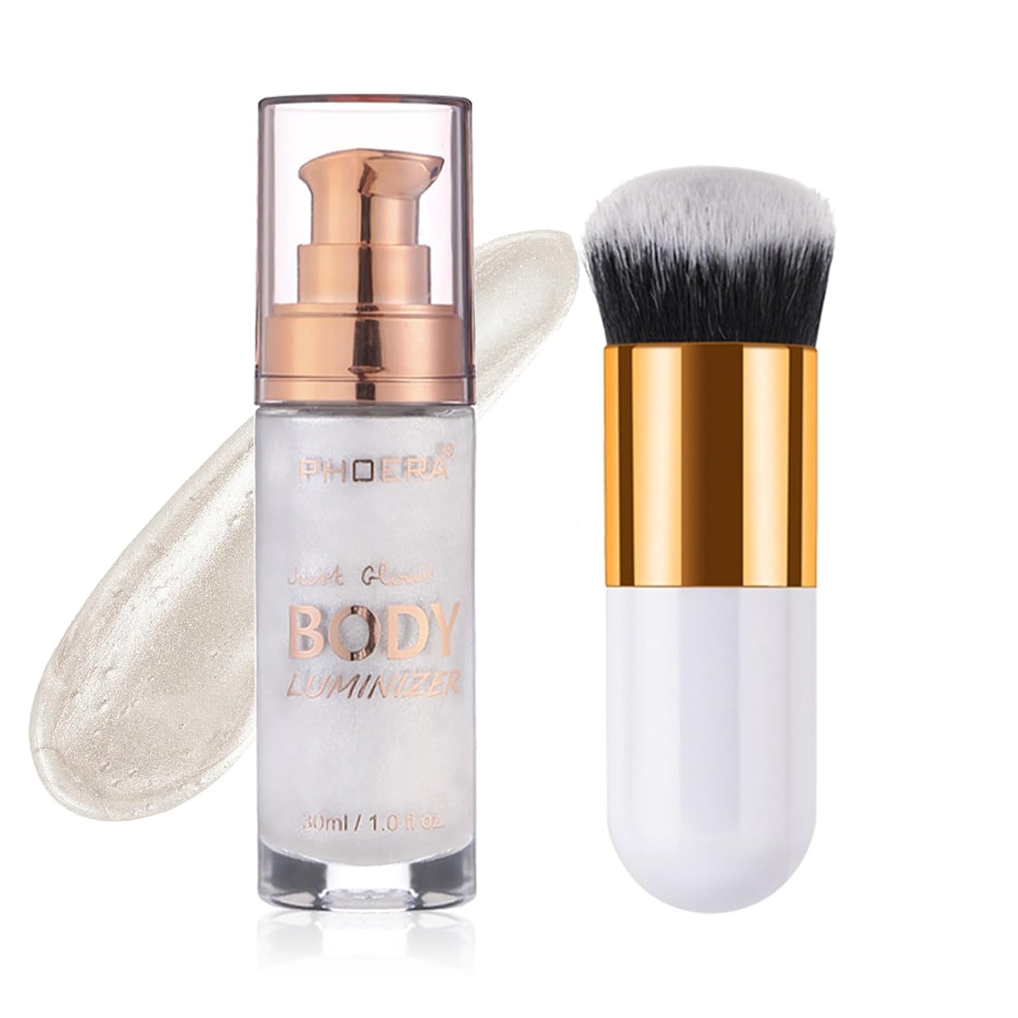 Body Shimmer Oil, Diamond Platinum Natural Glow Luminizer, Long Lasting Waterproof Moisturizing Liquid Illuminator Highlighter Makeup for a Sun-Kissed Glow, Brush Include, 1oz, Light Fair