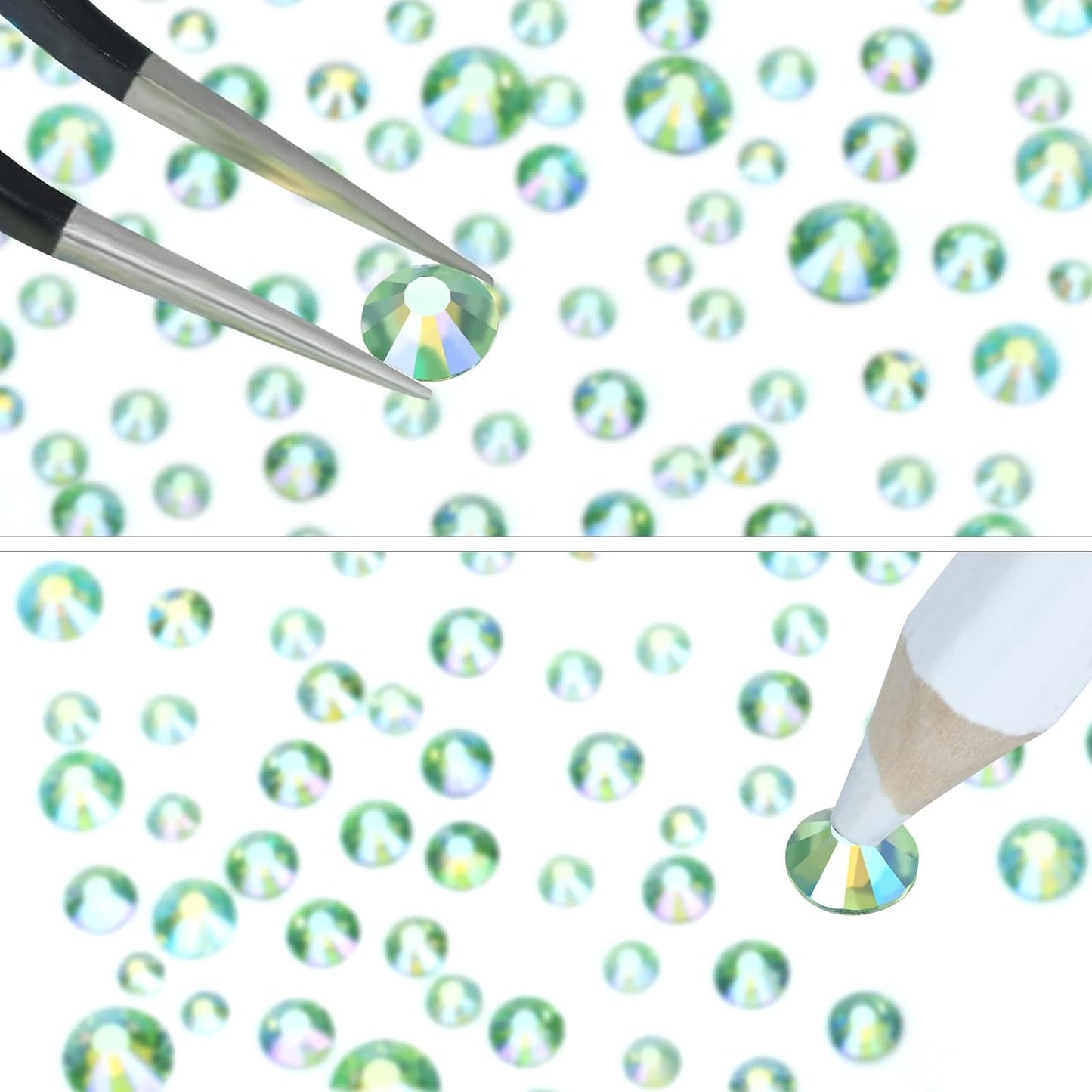 4240Pcs Light Green AB Flatback Rhinestones 6 Sizes Crystal Diamonds for Nail Art Crafts Clothes Shoes with Tweezers and Picking Pen