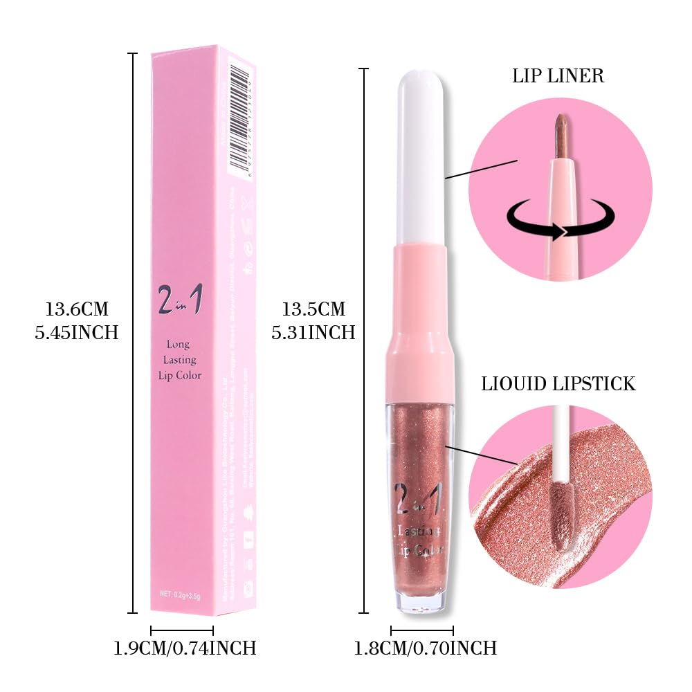 evpct Bronze Gold Metallic Glitter Lip Liner and Lipstick Combo Lip Gloss Stain Set Makeup for Women Long Lasting Waterproof 24, Rose Gold Metallic Shimmer Frosted Iridescent Glossy Liquid Lipstick 14