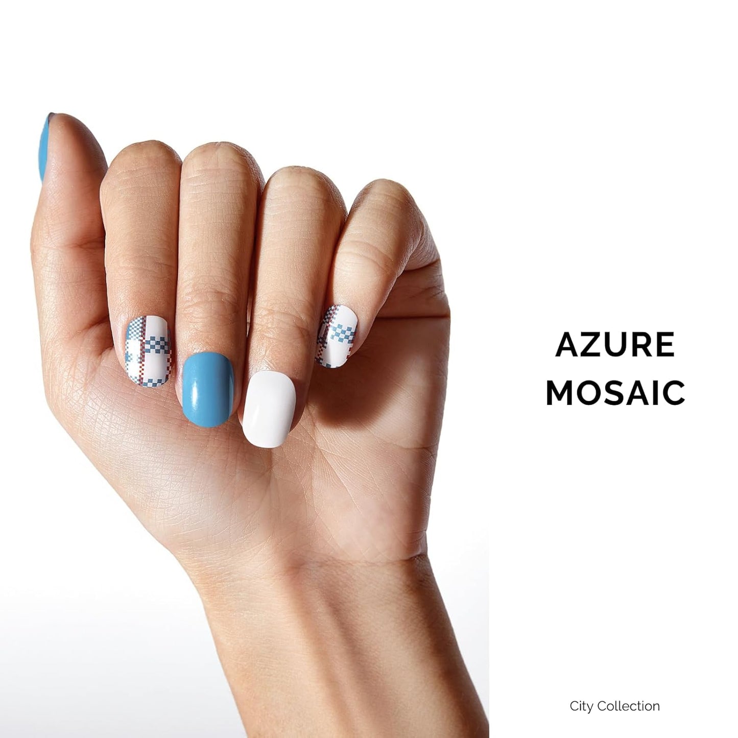 Semi Cured Gel Nail Strips - NAILOG 34 Pcs Gel Nail Stickers Buy 2 Get 1 UV Light | Long Lasting Nail Wraps with Glossy Gel Finish Blue, Azure Mosaic