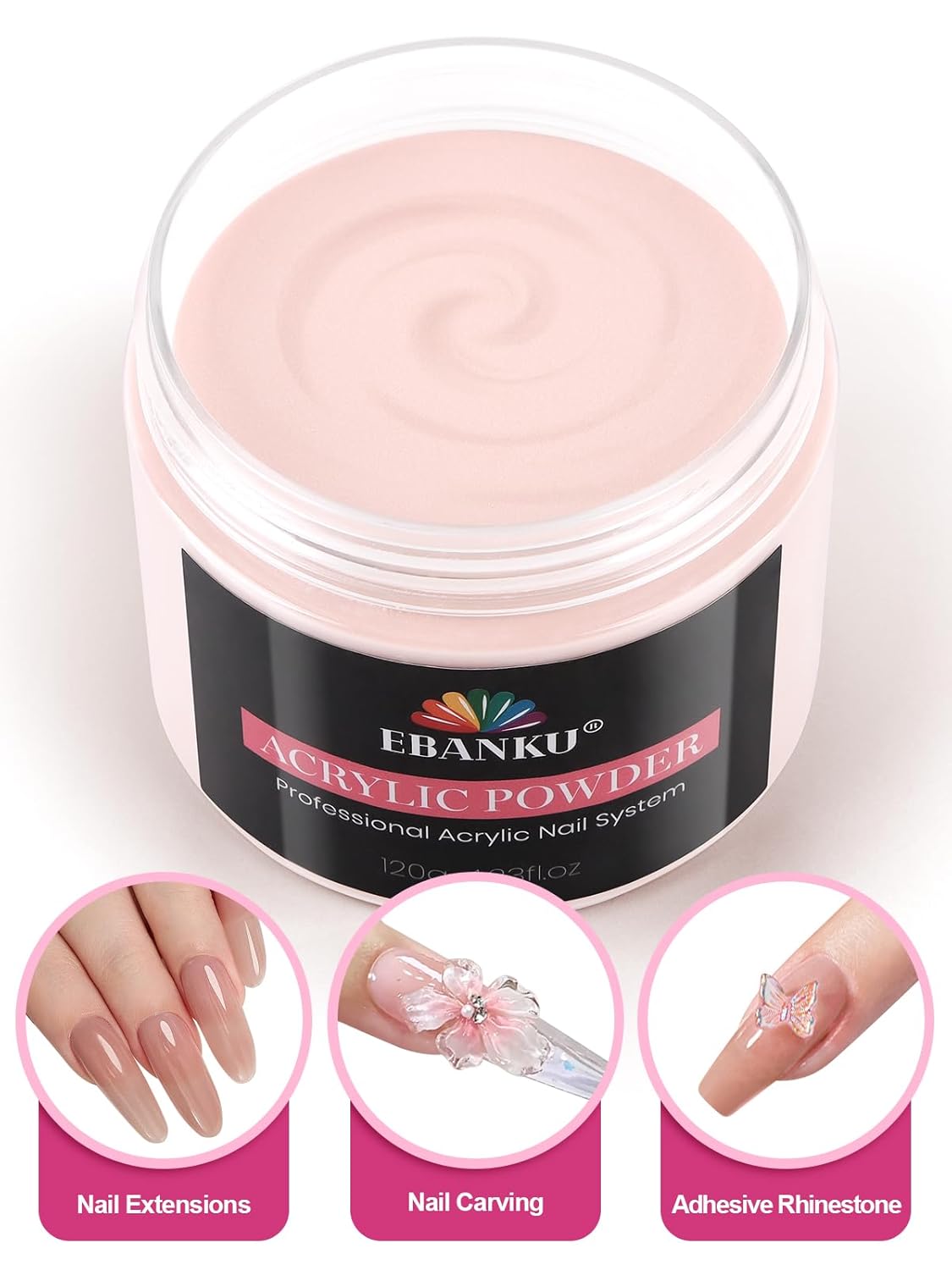 EBANKU Rosy Colors Acrylic Powder, 120g/4.23oz Acrylic Nail Powder Large Capacity Professional Nail Powder for Nail Acrylic Extension, Nail Carving, Long-Lasting, No Nail Lamp Needed