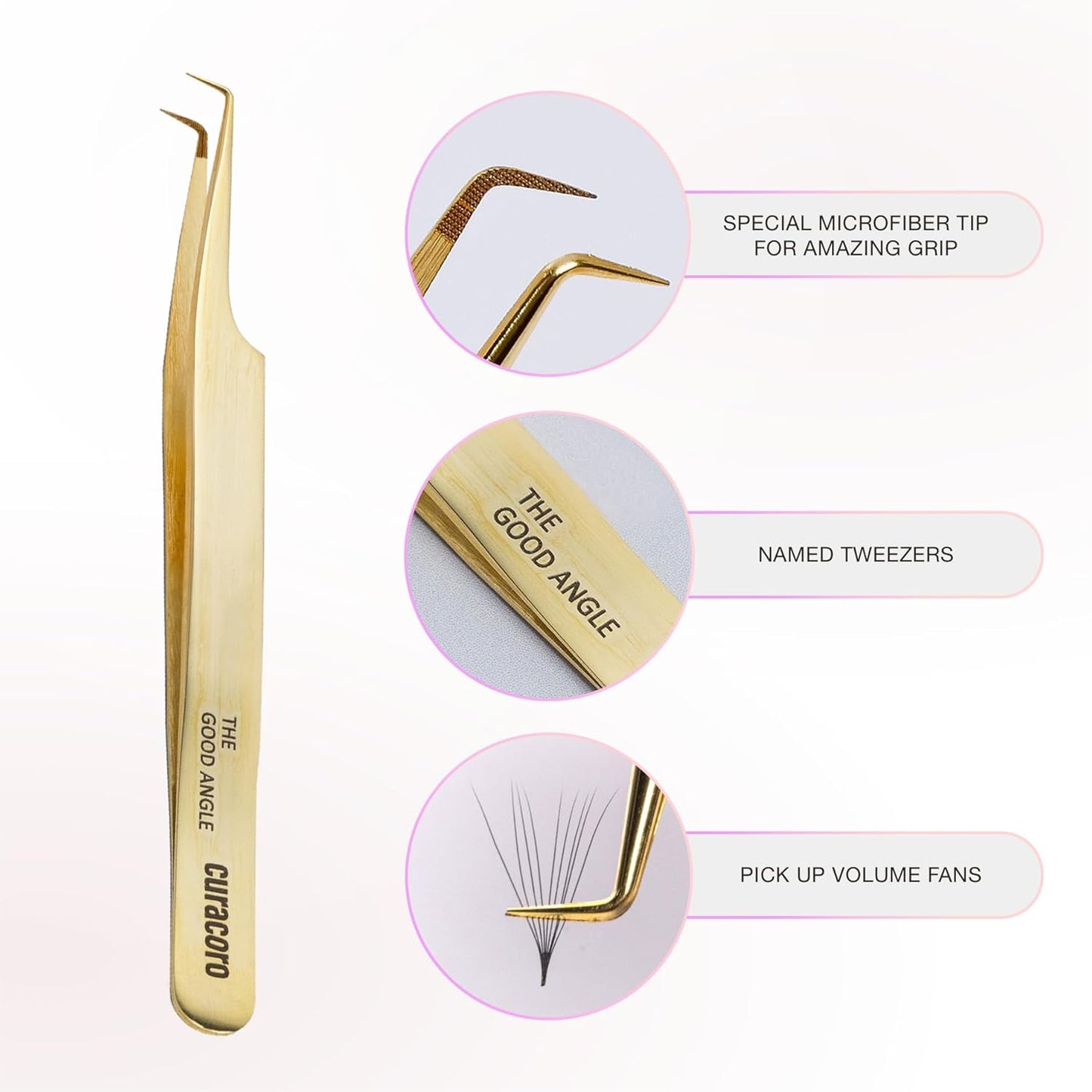 Curacoro Lash Tweezer - Professional & Precision Fiber Tip Grip Lash Tweezers for Eyelash Extensions, Multi Shapes & Purposes Tweezers for Volume, Isolation & Classic Lashes (Gold, The Good Angle)