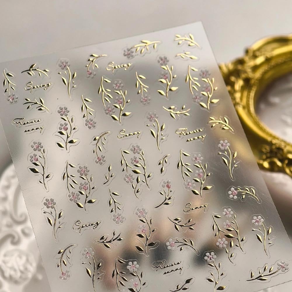 Leaf Flower Nail Stickers Gold Branch Nail Designs 3D Self-Adhesive Silver Leaf Nails Supplies 5D Embossed White Pink Fall Nail Decals Summer Nail Art Decoration for Women DIY Manicure 2 Sheets