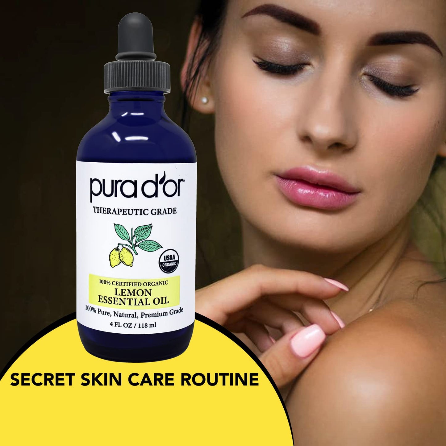 PURA D'OR Organic Lemon Essential Oil (4oz with Glass Dropper) USDA Certified 100% Pure & Natural Therapeutic Grade Diffuser Oil Citrus Scented for Aromatherapy, Mood Uplift, Energy, Focus