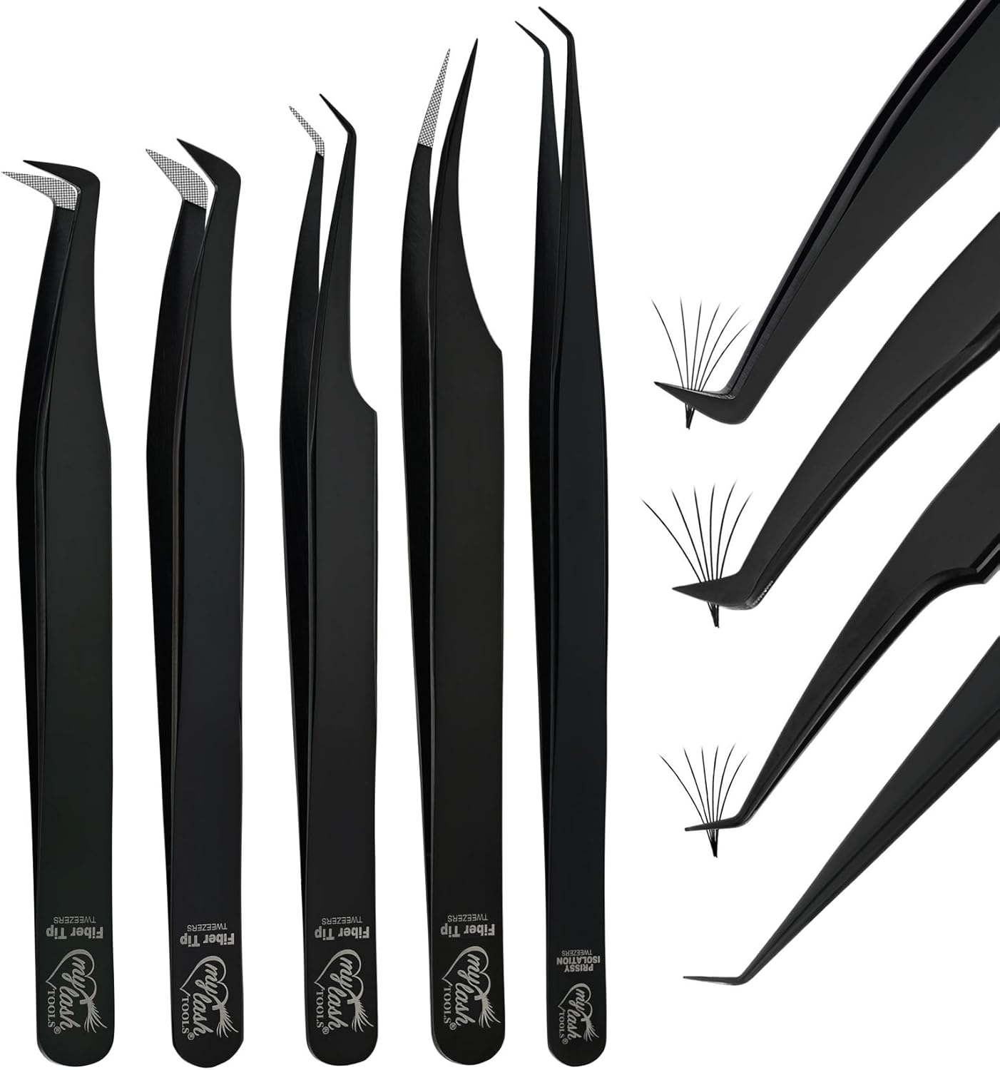 Fiber Tip Lash Tweezers for Lash Extensions Precision Boot Volume Eyelash Extensions Tweezers Japanese Steel Curved Isolation Tweezer Set Fiber grip tweezers pinzas para (5pcs, Black)