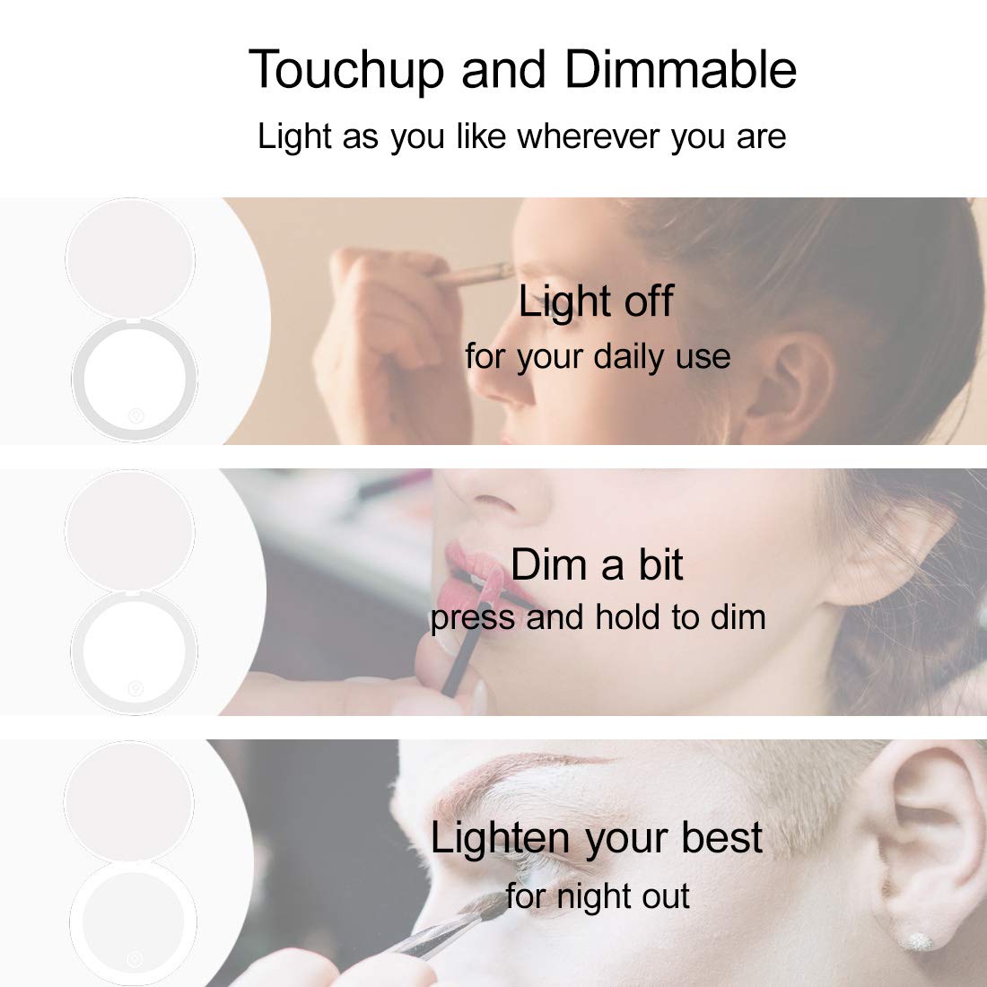 Compact Mirror with LED Light,1x/10x Magnifying Rechargeable Mirror,3.5in, Dimmable Travel Mirror for Purse,Pocket,Handheld 2-Sided Makeup Mirror