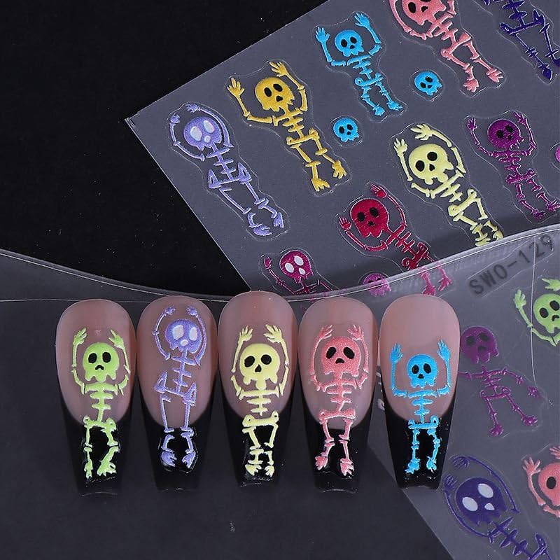 Halloween Nails Stickers Colorful Skull Nails Sticker 3D Embossed Skeleton Skull Self Adhesive Sticker Nail Decals Skeleton Body Nail Art Decal Halloween Decals for Nail DIY Manicure 2Sheet
