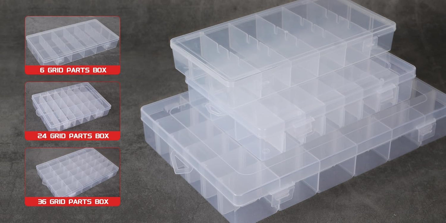 2Pcs Clear Visible Plastic Storage Box- Rectangular Storage Box, Suitable For Beads, Screws Hardware Accessories Organizer Box Art DIY, Crafts, Jewelry, Fishing Tackle, With Label Stickers (36Grids)