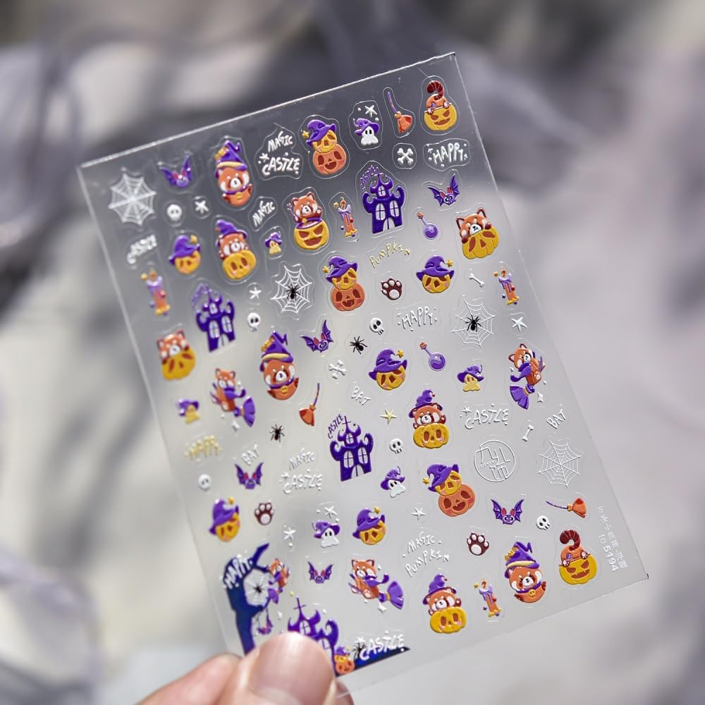 5D Embossed Halloween Nail Stickers 3D Self-Adhesive Magic Hat Pumpkin Nail Supplies Cute Cute Ghost Nail Decals Haunted House Spider Web Nails Designs for Women Holiday DIY Manicure 1 Sheet