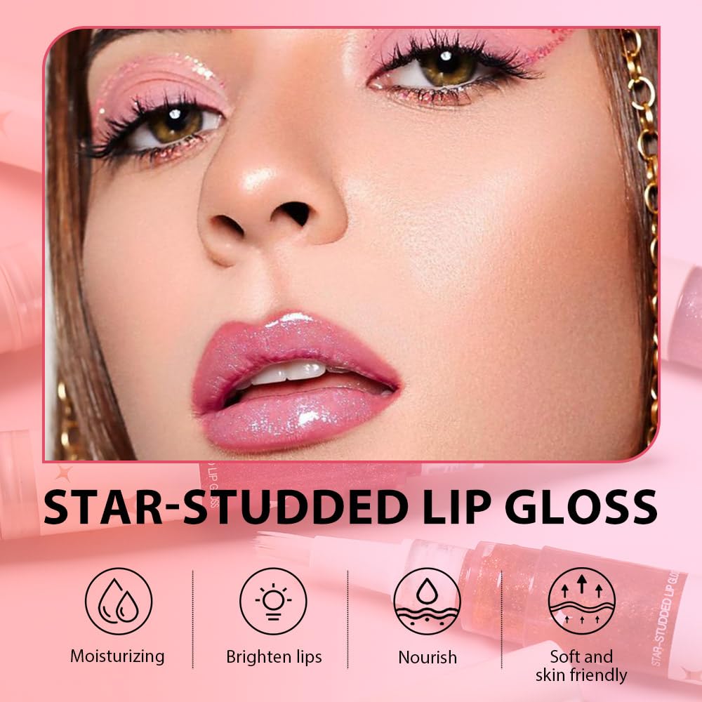 evpct 1Pcs Warm Pink Blush Red Pearlescent Shine Shimmer Glitter Lipstick Lip Gloss, Metallic Sparkly Sparkle Glossy Lip Gloss Tint Stain Liquid Lipsticks Makeup Set for Women Long Lasting Waterproof