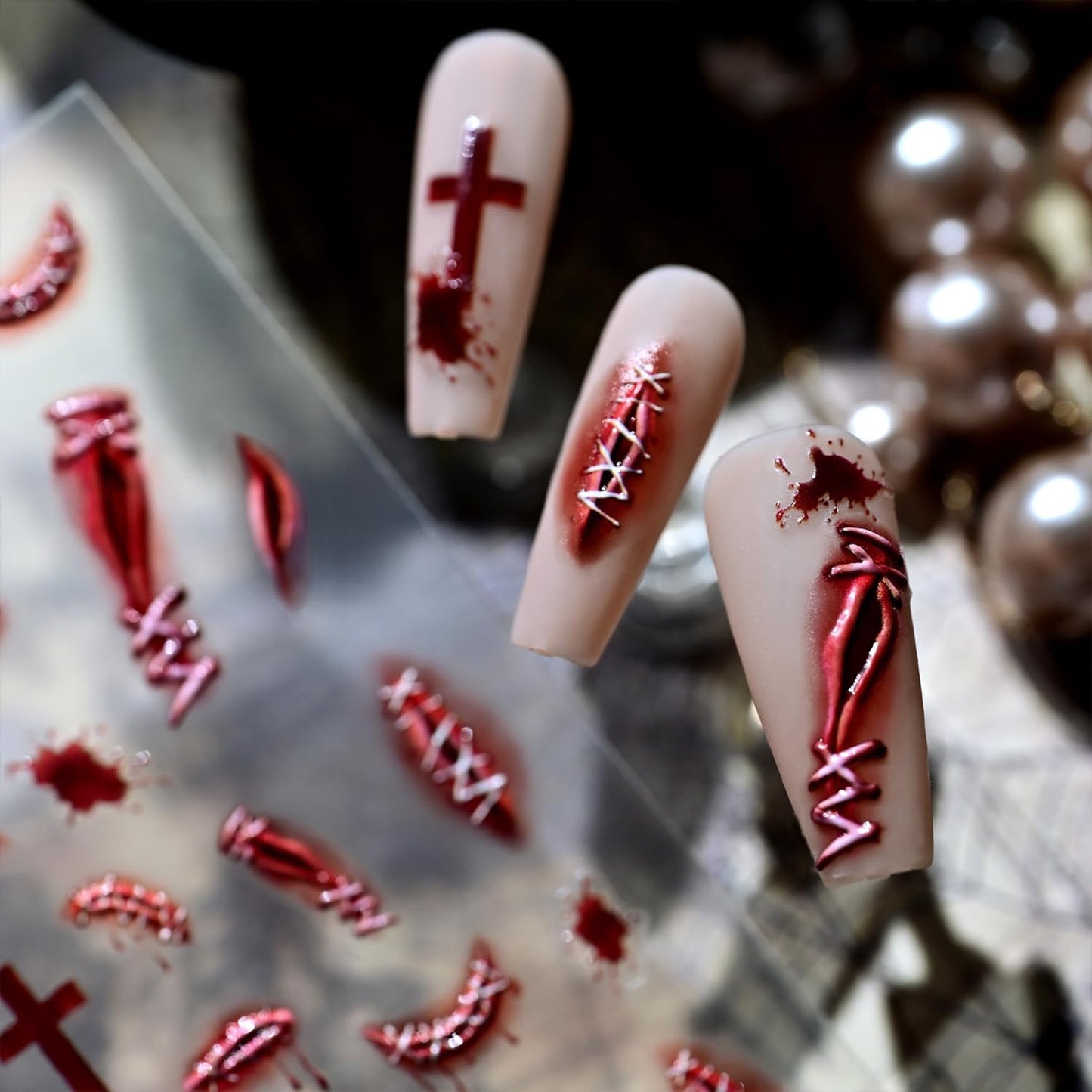 Halloween Nail Stickers for Nail Art Scary Stitch Nail Art Stickers Cross Blood Red 5D Embossed Wound Nail Decals Self-Adhesive Nails Supply Manicure Sliders Devil for Nails Decoration