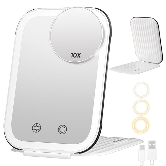 FUNTOUCH Rechargeable Travel Makeup Mirror with Lights and Small 10X Magnification,Light up Portable Vanity Mirror with 80 Leds,2000mAh Battery,Brightness Adjustable,3 Lighting, Dimming Compact Mirror