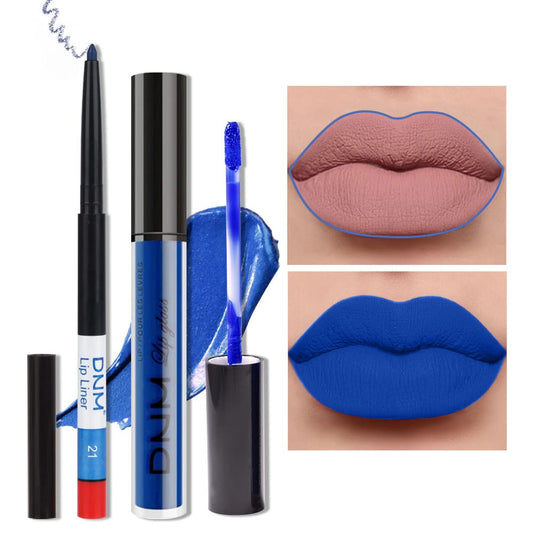 evpct 2Pcs Royal Light Blue Matte Liquid Lipstick and Lip Liner Pencil Makeup Set Blue Lipstick 24H and with Lip Liner Set Waterproof Long Lasting labiales mate 24 horas originales 21#