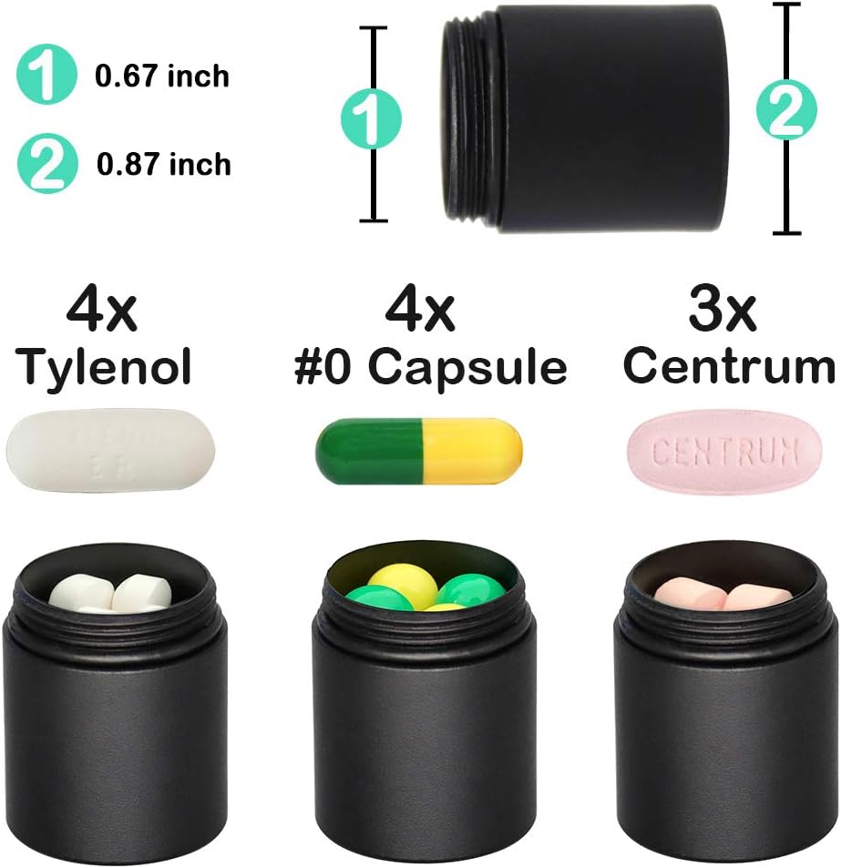 Portable Keychain Pill Case Holder, EFFIET 3 Compartments Metal Pocket Emergency Pill Container Box for Daily Supplyment (Black+Matt Finished)